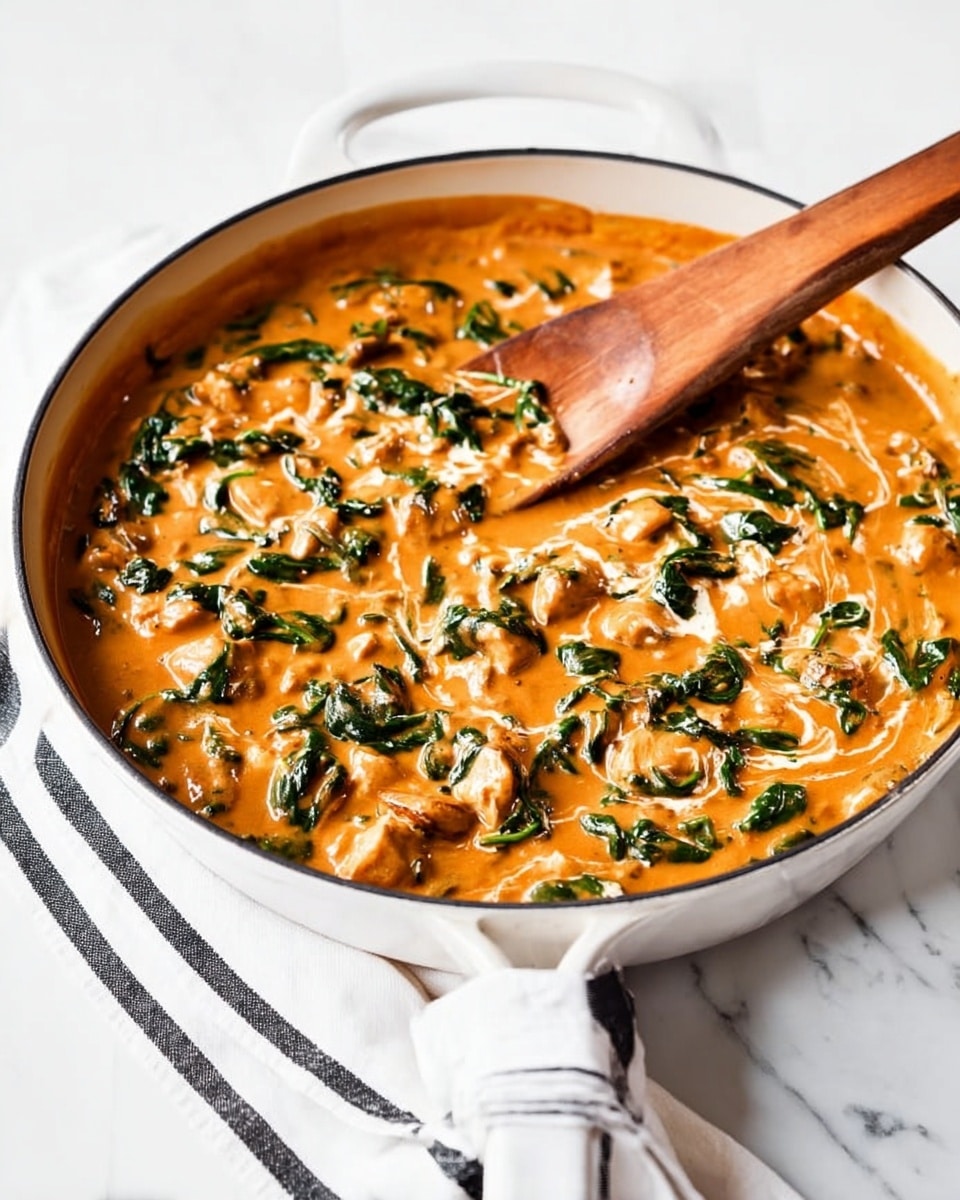 A white pan filled with a creamy, orange-colored sauce mixed with green leafy spinach and small pieces of white chicken. A wooden spoon rests inside the pan, stirring the thick sauce that has a smooth and slightly chunky texture. The pan is on a white marbled surface, with a black and white striped cloth napkin partially visible to the side. The photo is bright and clear, showing the rich and hearty sauce with scattered green spinach leaves throughout. photo taken with an iphone --ar 4:5 --v 7