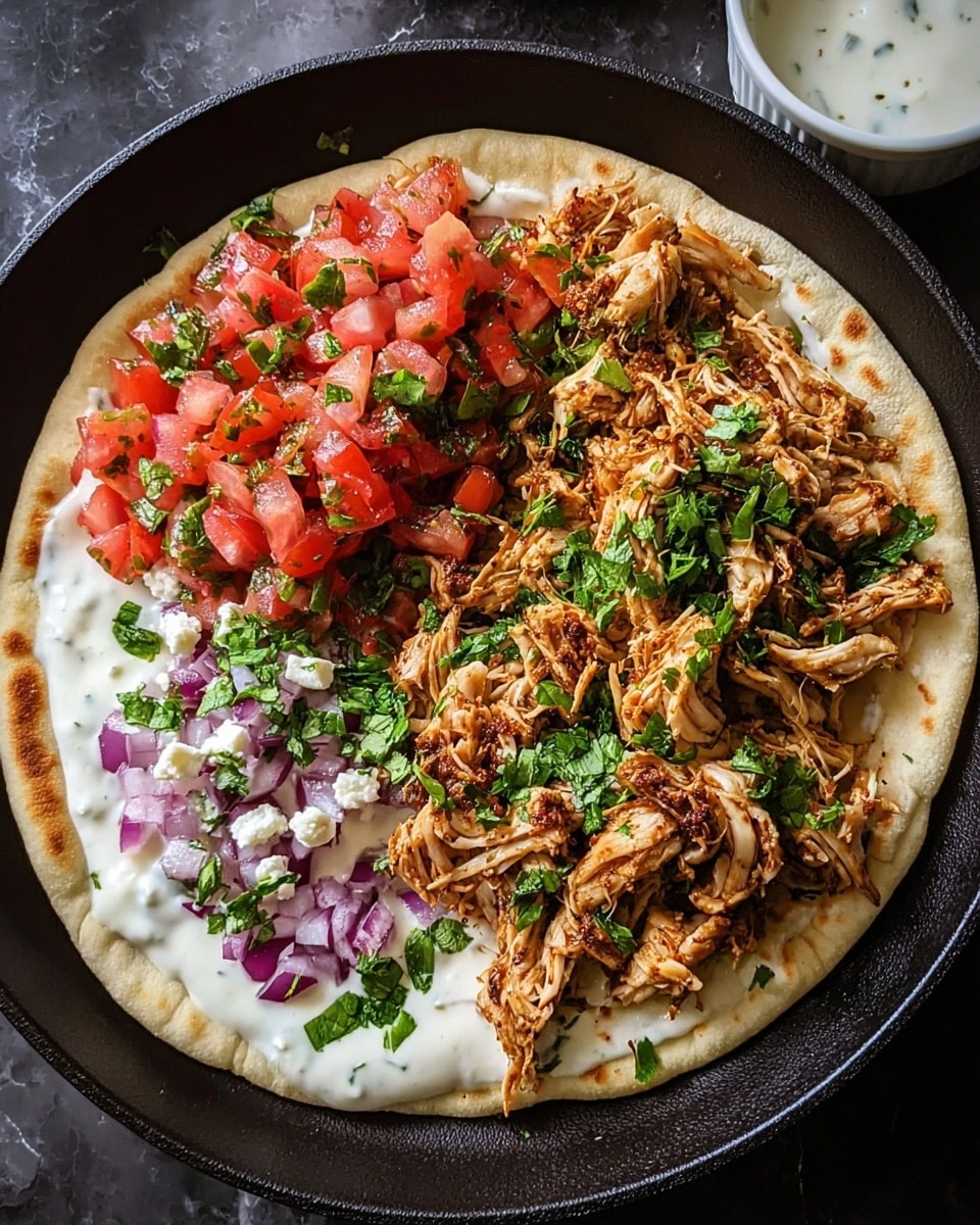 A round black bowl holds a layered dish starting with a flat white pita bread as the base. On top of the pita, there is shredded cooked chicken with a brown color mixed with small green herb pieces. Next to the chicken, there are diced red tomatoes with green herbs sprinkled on them. On another side, there is a creamy white sauce with green herbs on top, and beside it, there are small pieces of purple onion mixed with crumbled white cheese and green herbs. The bowl sits on a white marbled surface. Photo taken with an iphone --ar 4:5 --v 7