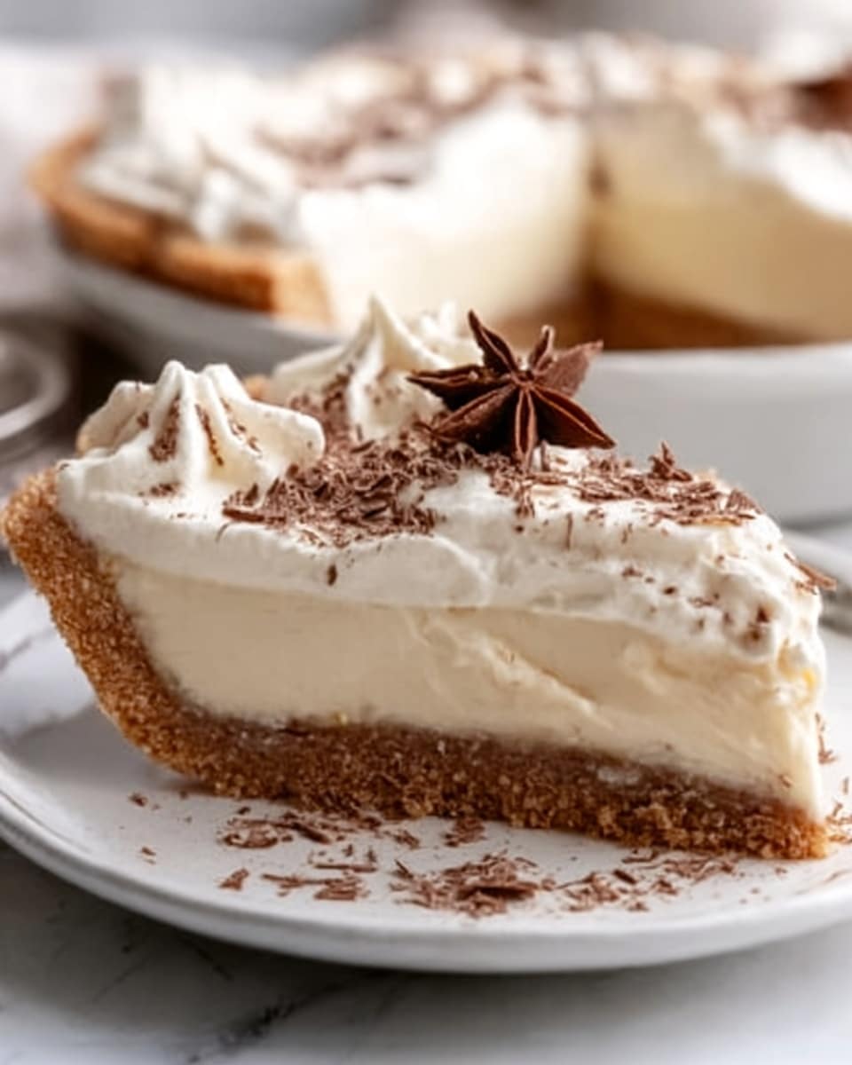 A close-up of a slice of creamy pie shows three layers: a rough brown crust at the bottom, a thick smooth white filling in the middle, and a thin light beige crust edge holding the filling. The top is decorated with finely grated chocolate sprinkled over the white filling and a star-shaped brown spice placed in the center. The slice sits on a white plate with a slightly shiny, smooth surface, and the background is a white marbled texture. Photo taken with an iphone --ar 4:5 --v 7