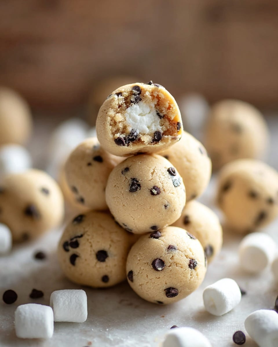The image shows a stack of round cookie dough balls placed on a white marbled surface. Each dough ball is light beige with small dark chocolate chips embedded throughout. The top cookie dough ball is bitten, revealing a creamy white filling in the center, surrounded by a crumbly dough texture studded with chocolate chips. In the background, blurred chocolate chip bags can be seen. photo taken with an iphone --ar 4:5 --v 7