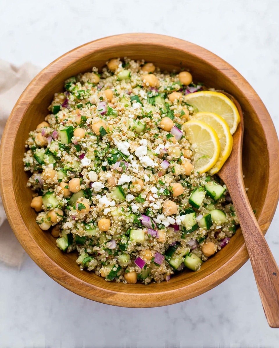 A wooden bowl filled with a colorful quinoa salad sits on a white marbled surface; the salad has light beige quinoa grains mixed with round pale chickpeas, bright green chopped parsley and cucumbers, small pieces of purple onion, bits of yellow corn, and crumbled white feta cheese scattered on top. On one side of the bowl, two thin lemon slices rest neatly on the salad. A wooden spoon is placed inside the bowl, partly submerged among the ingredients. Photo taken with an iphone --ar 4:5 --v 7