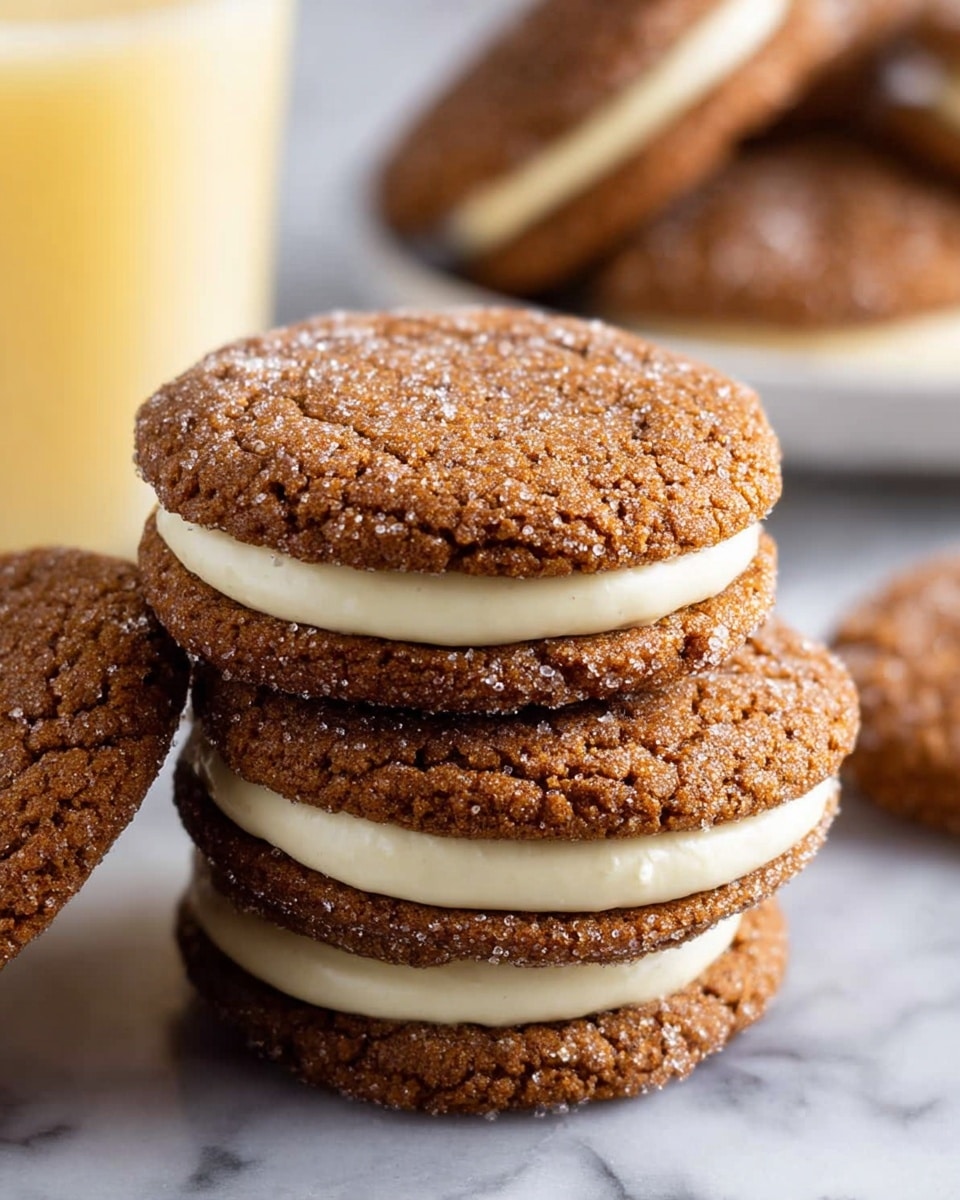 The image shows a close-up of several sandwich cookies stacked on a white marbled surface. Each cookie has two textured, brown layers with visible sugar crystals on top, and a smooth, white cream filling in the middle. The cookies have a slightly rough and crumbly look, with the cream layer evenly spread between the two cookie layers. In the background, a glass with a light yellow liquid and a white plate holding more of the same sandwich cookies are visible but blurred. photo taken with an iphone --ar 4:5 --v 7