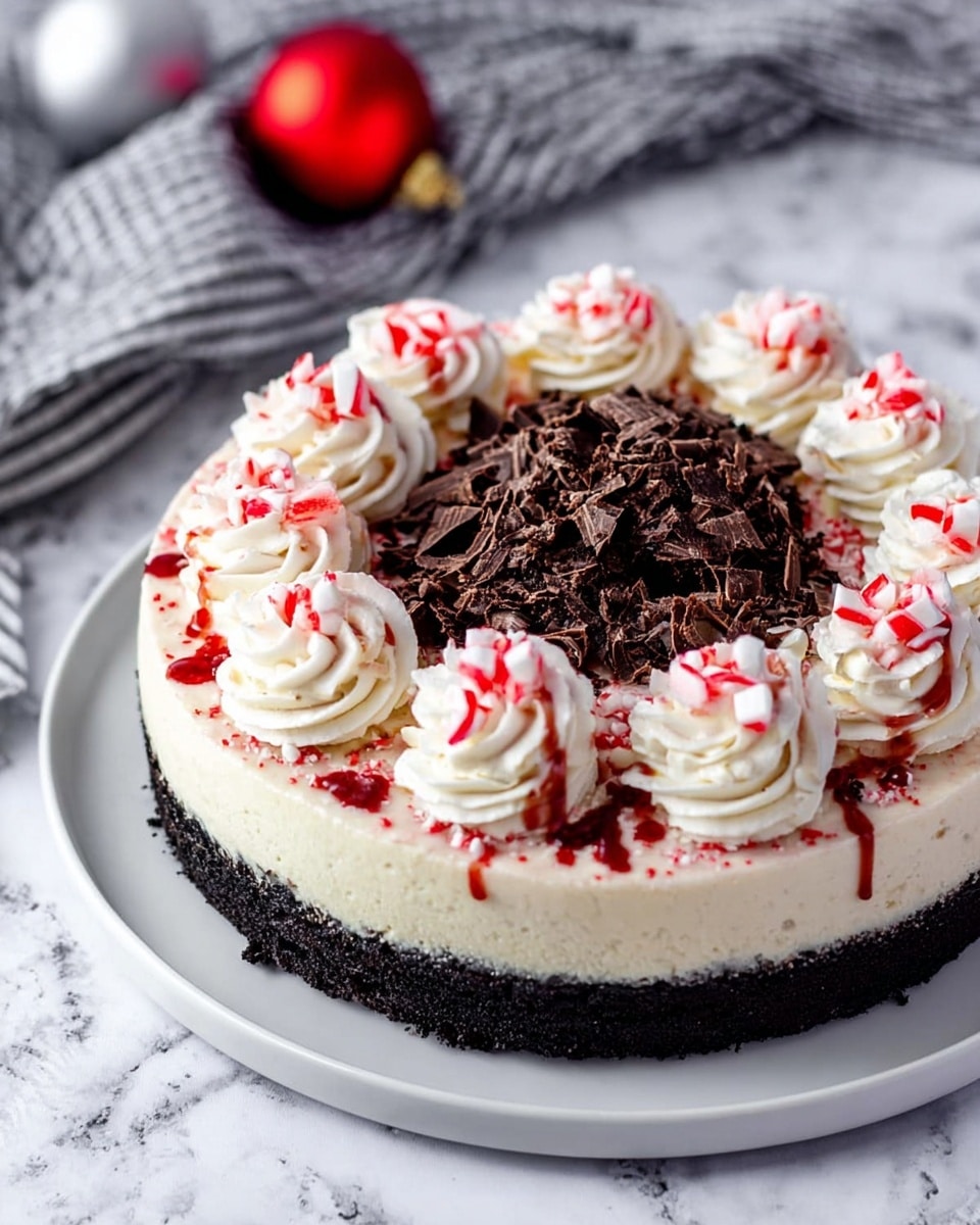 A round cheesecake with a dark chocolate crumb base at the bottom, topped by a thick white creamy layer. The edge of the cream is decorated with swirls of whipped cream drizzled lightly with red syrup, each topped with a small red and white striped candy cane. The middle has a ring of white chocolate shavings encircling a pile of dark chocolate curls in the very center. The cake is on a white plate placed on a white marbled surface with a striped cloth and a red ornament blurred in the background. Photo taken with an iphone --ar 4:5 --v 7