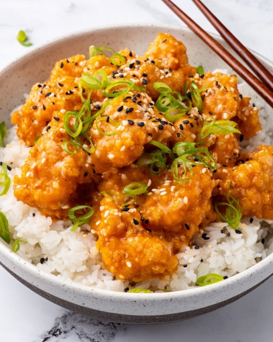 A white bowl filled with a layer of fluffy white rice at the bottom, topped with several pieces of golden-brown fried chicken coated in a light orange sauce. The chicken is garnished with thinly sliced green onions and black and white sesame seeds scattered on top. A pair of wooden chopsticks rest on the edge of the bowl, all set against a white marbled surface. Photo taken with an iphone --ar 4:5 --v 7