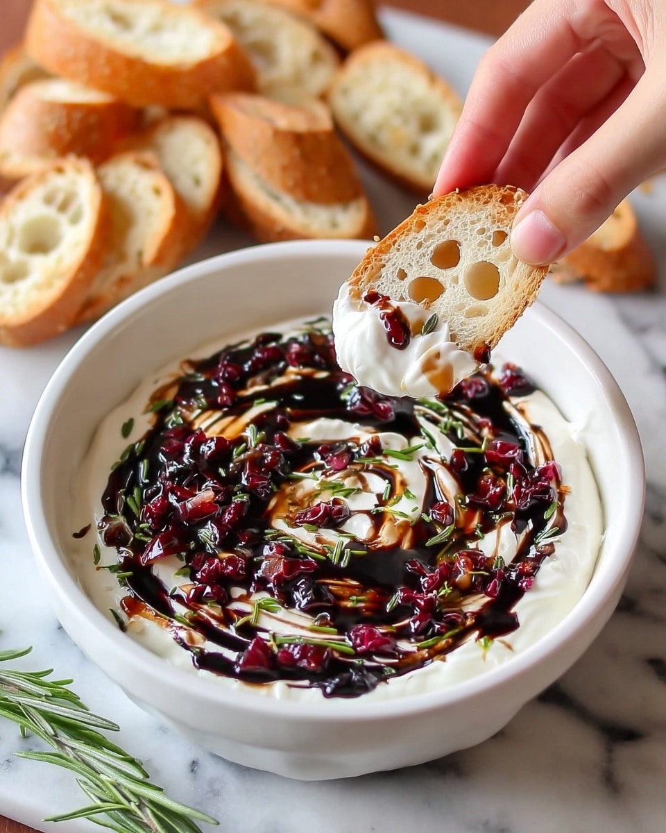 A white bowl filled with a creamy white base, swirled with a dark brown sauce in circular patterns, topped with small green herb sprigs and bits of dark red dried fruit. A piece of light-colored bread with a porous texture is held by a woman's hand, dipped into the mixture, showing some creamy white and dark brown sauce on its tip. In the background, there is a white bowl filled with similar slices of light bread, all placed on a white marbled surface. photo taken with an iphone --ar 4:5 --v 7