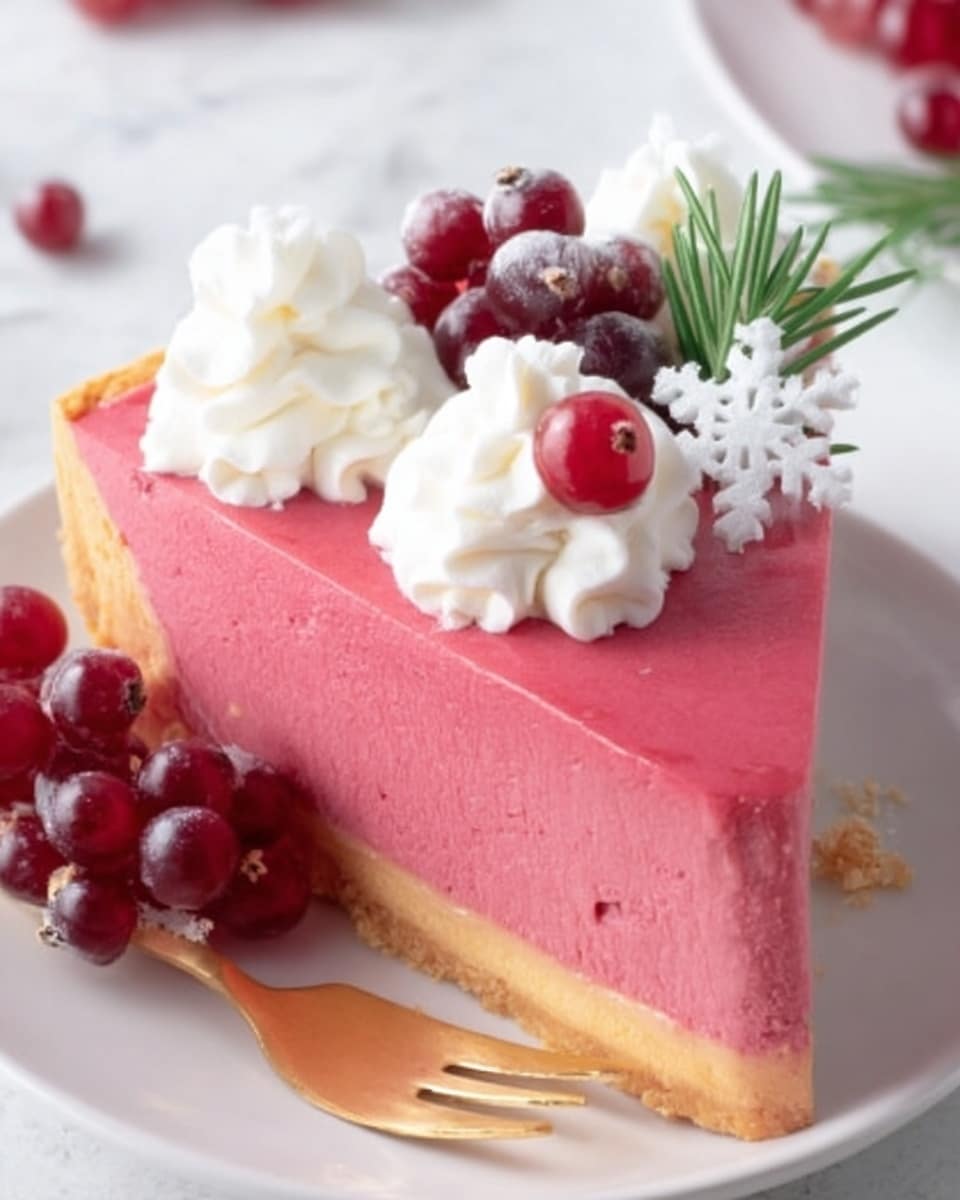 The image shows a slice of vibrant red berry cheesecake on a white round plate, placed on a white marbled surface. The cheesecake has a smooth red top layer with small, delicate white and dark purple berries garnished on it, along with some bright red currants tucked to one side. Three dollops of creamy white whipped topping sit near the center, shaped like swirls. There are small white flower-shaped decorations near the front edge of the cheesecake. A golden fork is placed beside the plate with a woman's hand gently reaching toward it from the left side. Photo taken with an iphone --ar 4:5 --v 7