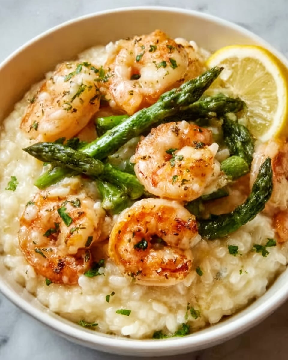 A close-up photo shows a white ceramic bowl filled with creamy risotto at the bottom, soft and glistening with a pale beige color. On top, there are five large shrimp, cooked to a light pink-orange with a slightly shiny surface, scattered around the bowl. Bright green asparagus pieces are also placed on top, cut into small sections and partly covered by shrimp. Small bits of fresh herbs sprinkle over the shrimp and risotto, adding specks of green. The bowl sits on a white marbled surface. Photo taken with an iphone --ar 4:5 --v 7