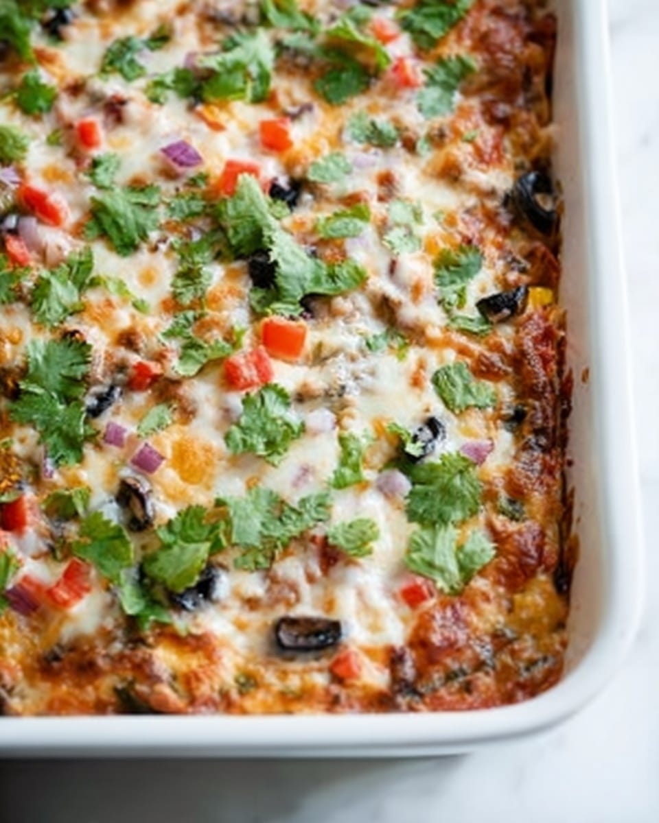 A close-up view of a rectangular white dish filled with a layered baked casserole. The bottom layer is thick and brown, likely a meat or bean base, covered by a layer of melted white cheese mixed with green leafy herbs and chopped vegetables. On top, small chopped pieces of red and orange vegetables and finely chopped green herbs are scattered evenly. The texture of the topping looks melted and slightly browned in spots, with visible bits of herbs adding a fresh look. The dish sits on a white marbled surface. Photo taken with an iphone --ar 4:5 --v 7