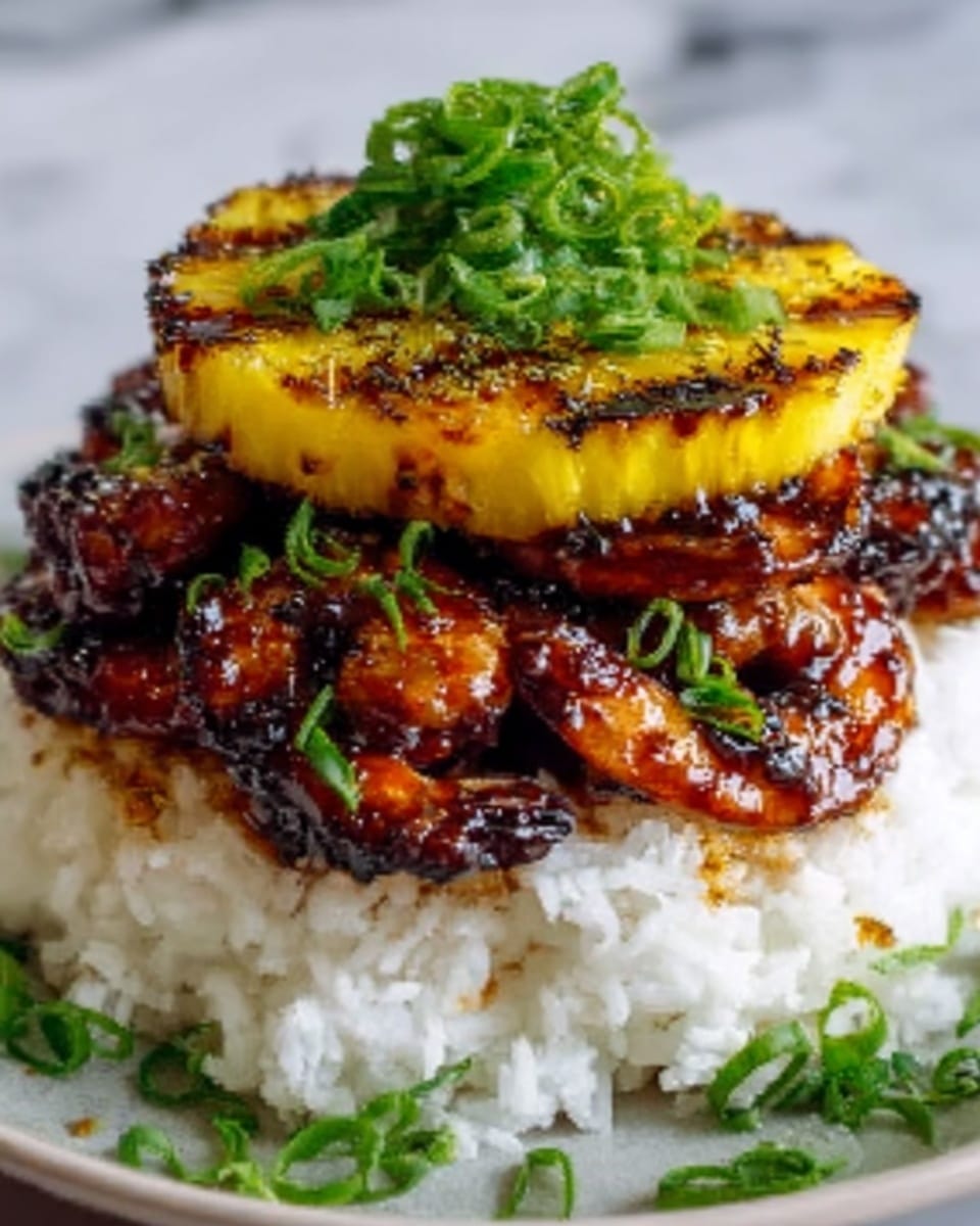 The image shows a tall stack starting with a base of white fluffy rice, topped by a layer of glazed shrimp that are dark brown with a shiny, sticky sauce. Above the shrimp lies a bright yellow grilled pineapple ring with slight char marks, garnished with chopped green onions that add a fresh touch. The colors contrast nicely: the white rice, dark shrimp, and vibrant yellow pineapple create a rich and inviting look. The dish is set on a simple white plate on a white marbled surface. Photo taken with an iphone --ar 4:5 --v 7