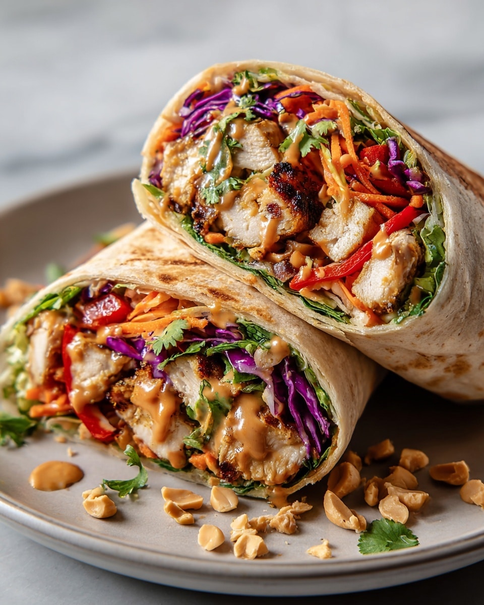 A close-up view of a wrap cut in half, showing four main layers inside a soft, light beige tortilla. The first inner layer is grilled chicken pieces with a shiny, slightly charred brown crust. The second layer is a smooth, creamy light brown sauce that coats the chicken. The third layer consists of colorful shredded vegetables including bright purple cabbage, green lettuce, thin orange carrot strips, and small red bell pepper slices, creating a mix of textures and fresh colors. The wrap is placed on a white plate with scattered chopped peanuts and fresh green cilantro on top, all set on a white marbled surface. photo taken with an iphone --ar 4:5 --v 7
