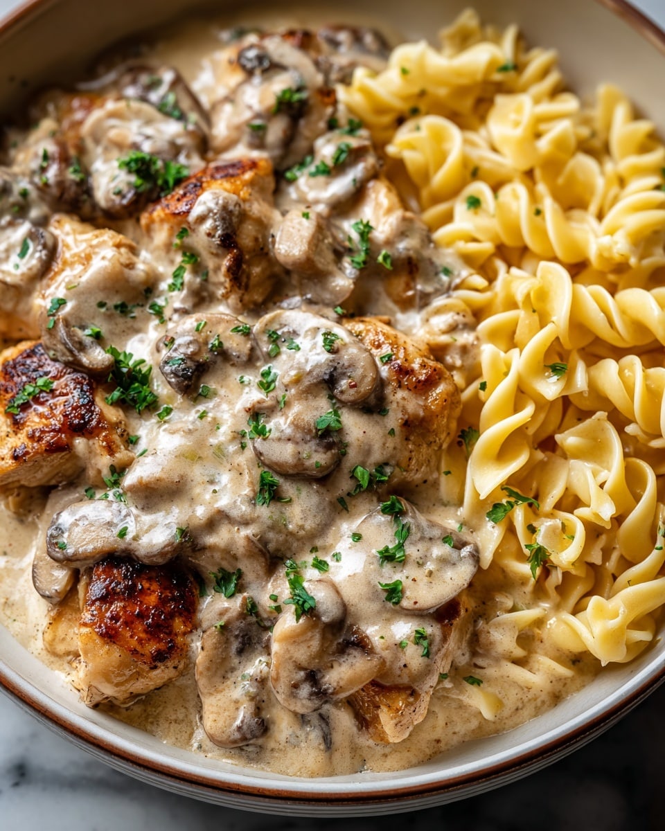 A close-up of a dish with two main parts in a white bowl on a white marbled surface. On one side, there are light brown chicken pieces with a golden crust covered in a creamy sauce mixed with sliced mushrooms, garlic, and chopped green herbs. The sauce looks smooth and rich, soaking the chicken. On the other side, there are wide egg noodles with a pale yellow color and soft, ruffled edges. The textures of the creamy sauce and the noodles contrast well. photo taken with an iphone --ar 4:5 --v 7