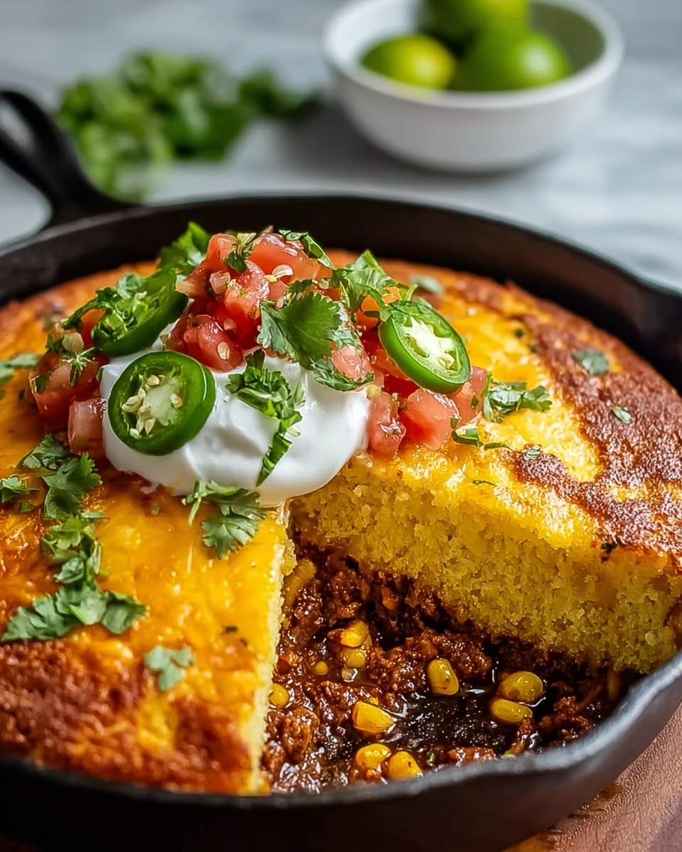 A close-up view of a layered dish in a black cast iron pan, showing a thick top layer of golden yellow cornbread with a slightly crispy, browned edge. Below the cornbread is a rich, dark brown ground beef mixture with visible pieces of yellow corn, creating a hearty lower layer. On top of the cornbread sits a dollop of smooth white sour cream, crowned with a colorful mix of fresh diced red tomatoes, sliced green jalapeño peppers, and chopped green cilantro leaves. The pan rests on a wooden surface, and in the blurred background, a small white bowl with lime wedges and cilantro is visible. The photo taken with an iphone --ar 4:5 --v 7