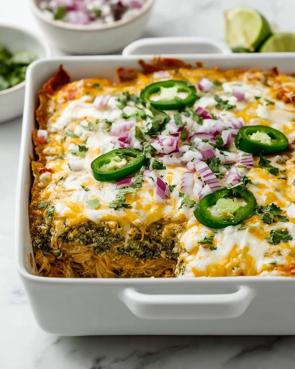 A white rectangular baking dish holds a baked casserole with three visible layers: the bottom layer is a textured mix of green leafy vegetables and a grain or meat base; the middle layer consists of melted yellow-orange cheese spread evenly; the top layer is a browned melted white cheese, sprinkled with small pieces of chopped red onion and chopped green herbs. Four round slices of fresh green jalapeño are arranged evenly along the center of the dish. The edges of the casserole show some browned, crispy spots. The background is a white marbled texture. photo taken with an iphone --ar 4:5 --v 7