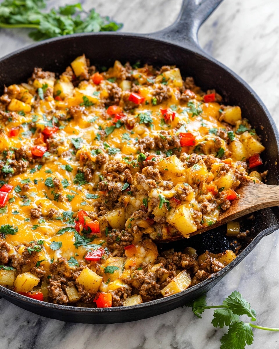 This image shows a black cast iron skillet filled with a colorful mix of cooked ground meat, diced yellow potatoes, and red bell peppers. The dish is topped with melted yellow-orange cheese that is slightly gooey and sprinkled with fresh green chopped herbs. A wooden spoon is scooping a portion of the mixture, revealing the cooked ingredients mixed evenly throughout. The skillet rests on a white marbled surface, with a light-colored cloth and some green herb leaves nearby. Photo taken with an iphone --ar 4:5 --v 7
