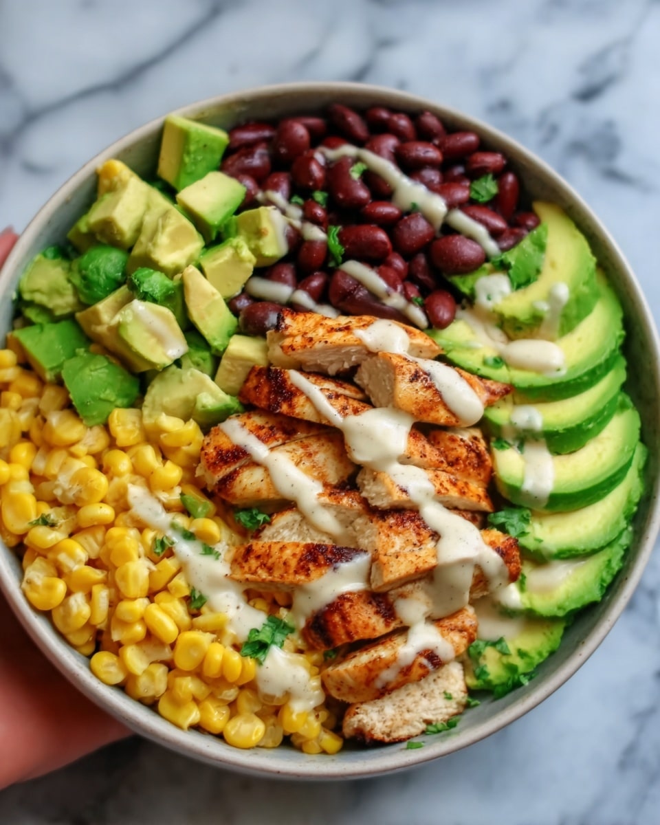 A white bowl with colorful layers of food arranged neatly: bright yellow corn kernels cluster on one side, next to dark purple beans, and fresh green avocado slices fanned out along the edge. In the center, grilled chicken pieces with a light brown char form the main layer, topped with a drizzle of white creamy sauce. There are small chunks of vibrant green cucumber pieces adding texture and freshness. The bowl rests on a white marbled surface, with a woman's hand holding the edge slightly from the side. Photo taken with an iphone --ar 4:5 --v 7