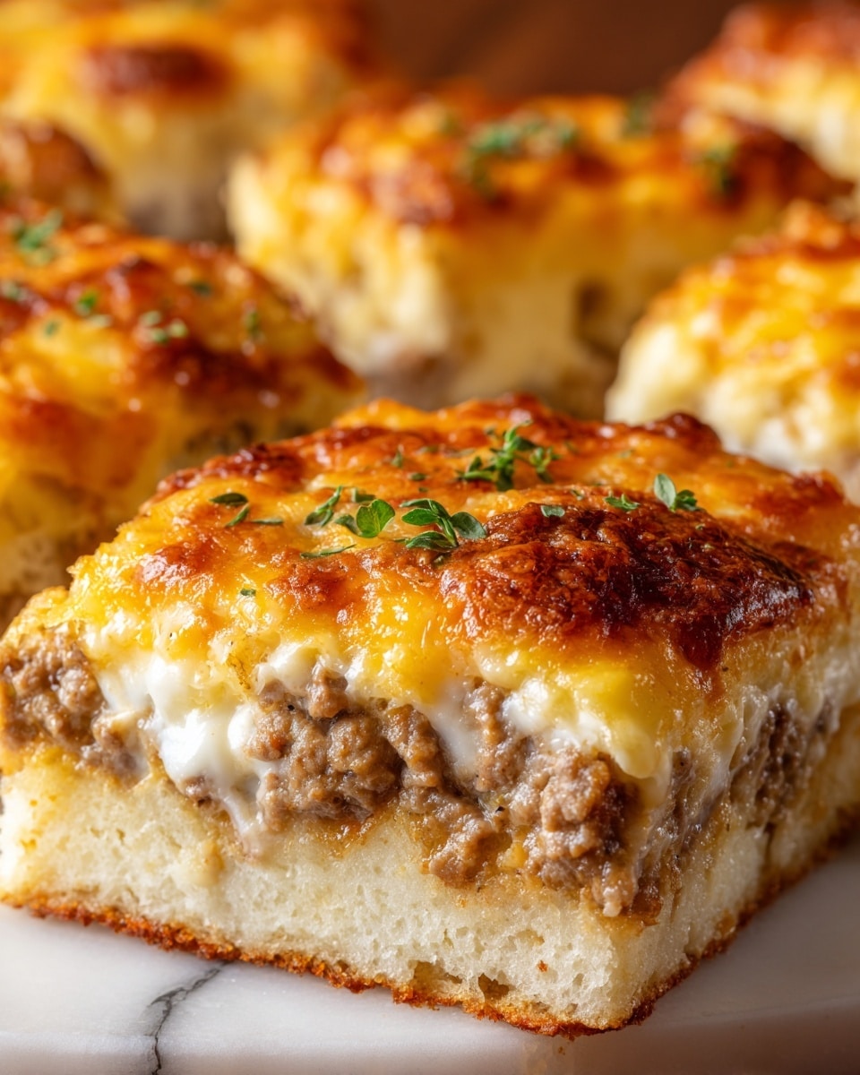 The dish shows a close-up of a square piece of baked casserole with three clear layers: the bottom layer is soft bread, the middle layer is crumbled cooked ground meat mixed with melted white cheese, and the top layer is a thick golden-brown melted cheese crust, slightly crispy and bubbly with small green herb leaves sprinkled on top. The casserole pieces are placed close together on a white marbled surface with a warm, inviting texture. photo taken with an iphone --ar 4:5 --v 7