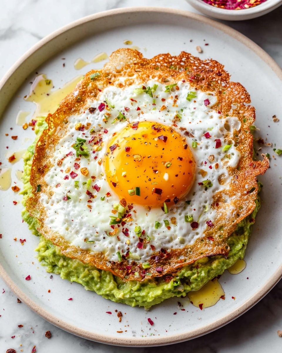 A white plate holds a layered dish starting with a soft, light beige tortilla base spread evenly with a smooth, chunky green avocado mash. On top, there is a large fried egg with a bright yellow yolk at the center, surrounded by crispy, lacy white edges browned to a golden crisp. The egg white is uneven and textured, with some crispy bubbles. The yolk is shiny and sprinkled with fine red chili flakes and dried herbs, adding small specks of red and green on the yellow surface. The plate rests on a white marbled surface, with a small white bowl of pink pickled onions blurred in the background. Photo taken with an iphone --ar 4:5 --v 7