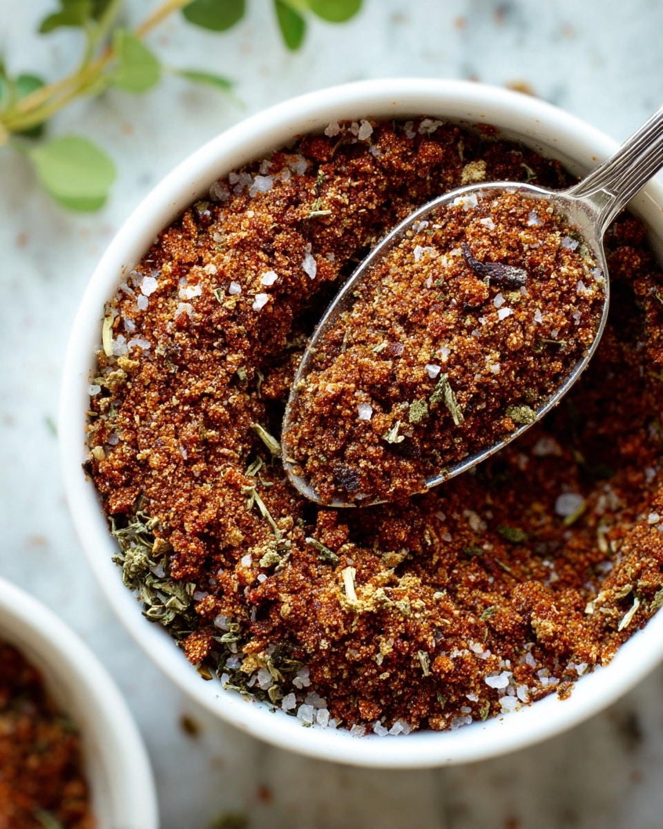 A close-up view of a white bowl filled with a coarse spice mix that shows layers of brown, red, and green herbs and seasonings, with visible white salt granules scattered throughout. A silver spoon is partially buried in the spice mix, lifting up a heaping spoonful toward the center of the bowl. The bowl sits on a white marbled surface with hints of green leaves and another bowl barely visible in the background, adding a fresh touch to the scene. photo taken with an iphone --ar 4:5 --v 7