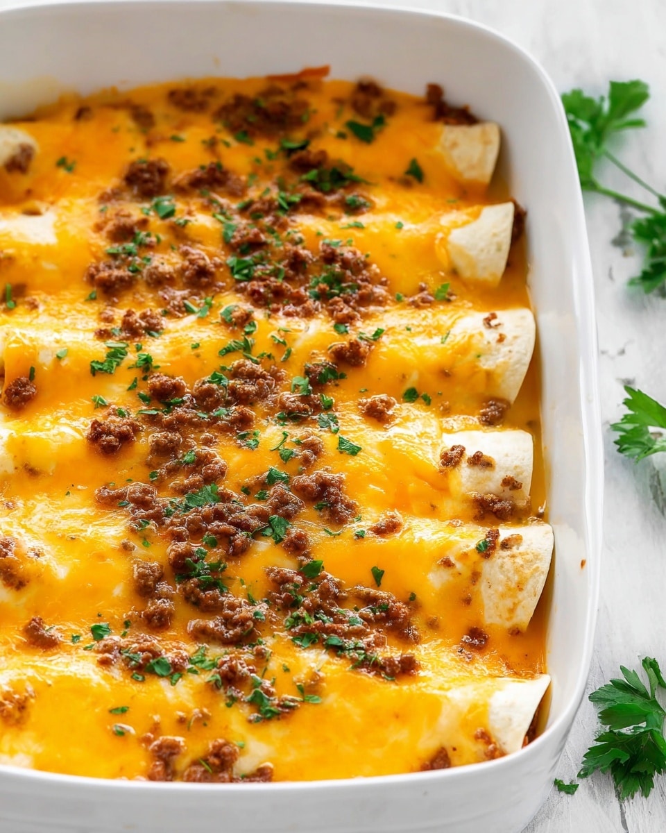 A white baking dish filled with a dish made of rolled tortillas as the bottom layer, covered generously with melted bright orange cheddar cheese, drizzled with creamy light orange sauce, and topped with small bits of cooked ground beef scattered across. Small green herb pieces are sprinkled on top, adding fresh contrast. The texture looks gooey and rich with slightly crispy edges of the tortillas peeking out. The dish sits on a white marbled surface with a bunch of fresh green herbs beside it. Photo taken with an iphone --ar 4:5 --v 7