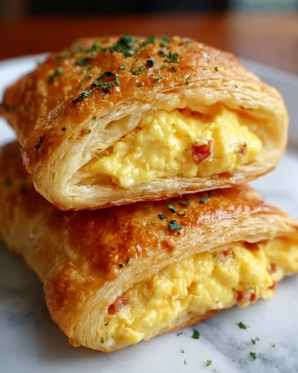 The image shows two rectangular flaky pastries stacked on a white marbled surface. Each pastry has a crispy, golden-brown crust with a slightly shiny texture and small specks of seasoning on top. The top pastry is cut open, revealing a soft, bright yellow scrambled egg filling that looks fluffy and moist, with hints of red seasoning or small bits of ingredients inside. The filling contrasts sharply with the light golden, layered crust that has a delicate, crumbly texture. The scene focuses closely on the pastries, highlighting their fresh, warm appearance. Photo taken with an iphone --ar 4:5 --v 7