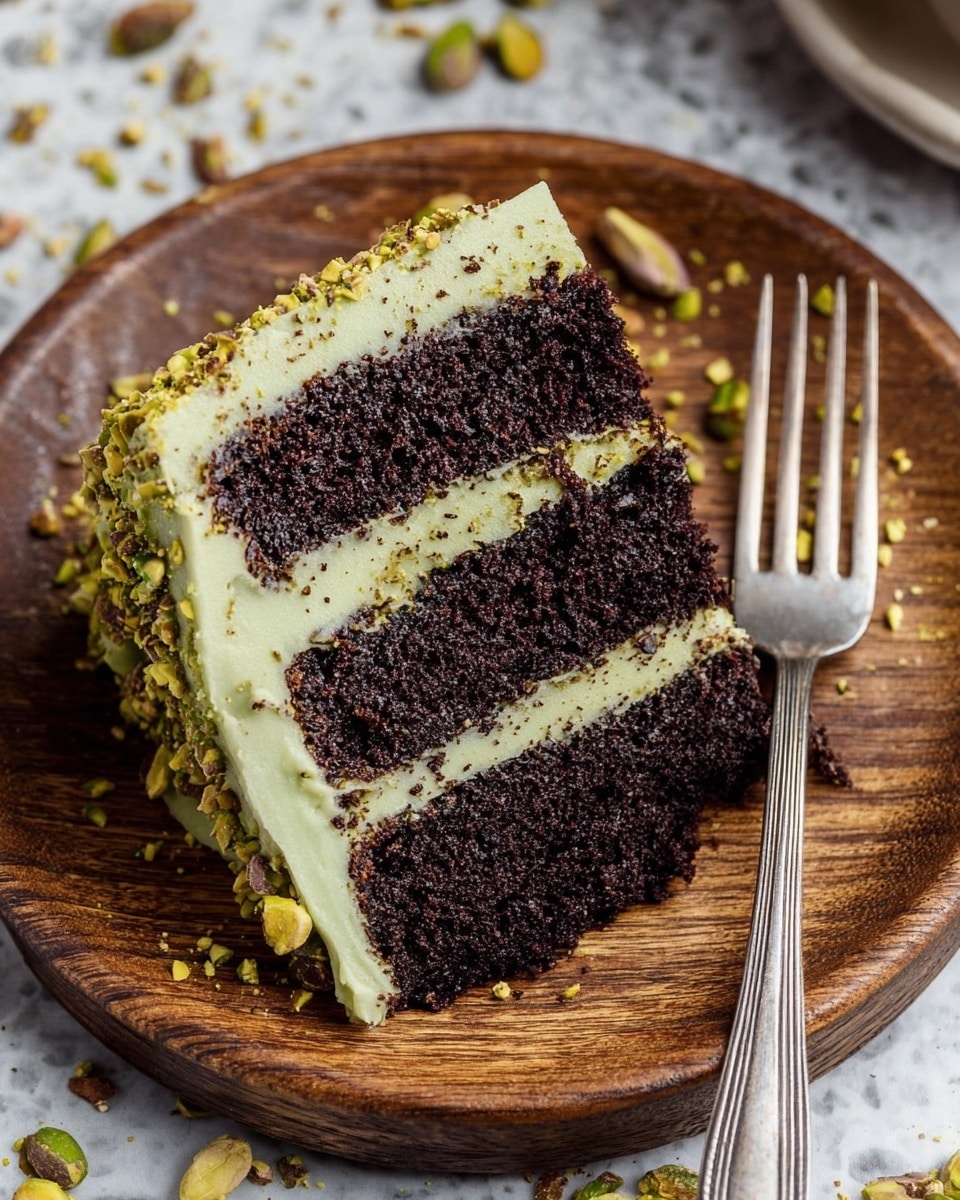 A slice of three-layer chocolate cake sits on a white plate, each layer of rich dark brown cake separated by smooth pale green frosting. The top layer of frosting is thicker and decorated with crushed green pistachios on one side. A silver fork rests beside the cake slice on the plate. The plate is placed on a surface with a white marbled texture, and small pieces of crushed pistachios are scattered around it. Photo taken with an iphone --ar 4:5 --v 7