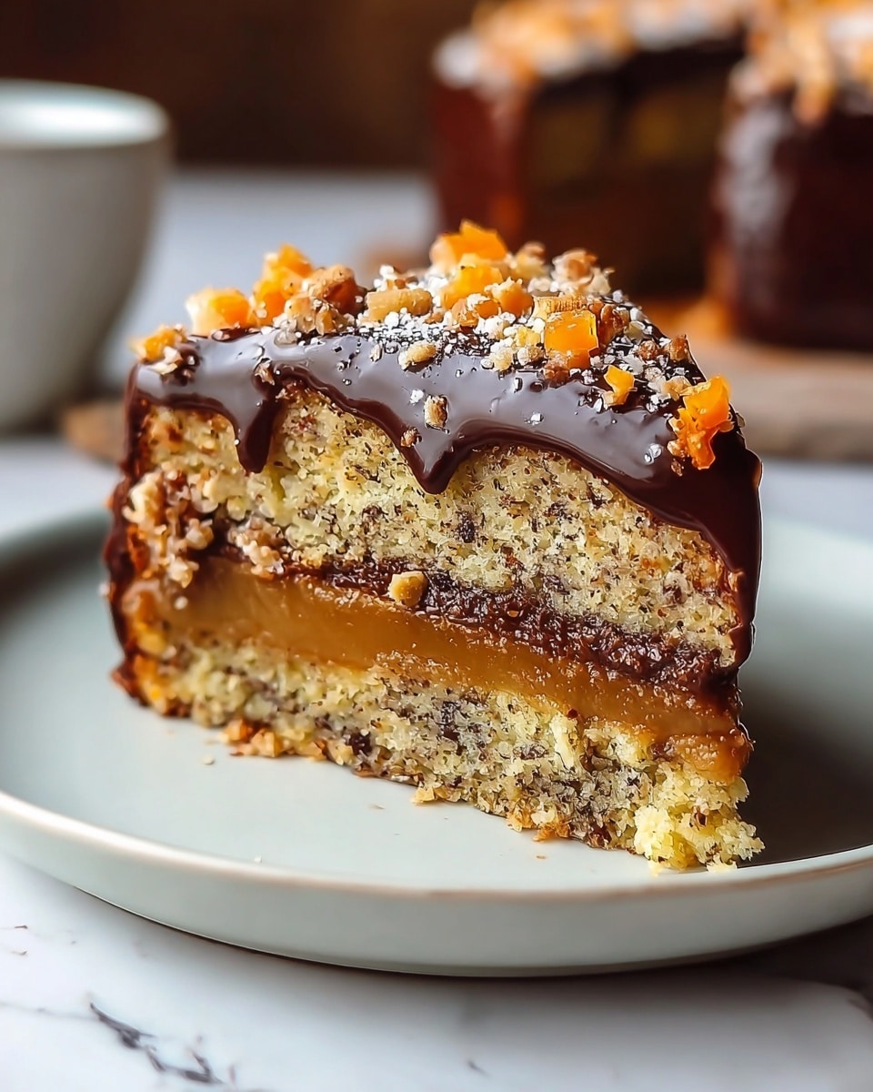 A close-up of a slice of cake with three main layers: the bottom layer is a dense, textured yellow-brown cake with bits inside, the middle layer is a smooth, thick caramel-colored filling, and the top layer is a glossy, dark chocolate glaze that drips slightly down the sides. On the very top, there are small bright orange chunks and crumbled bits dusted lightly with powdered sugar, adding texture and color contrast. The cake slice sits on a white plate with a subtle rim, placed on a white marbled surface. Photo taken with an iphone --ar 4:5 --v 7