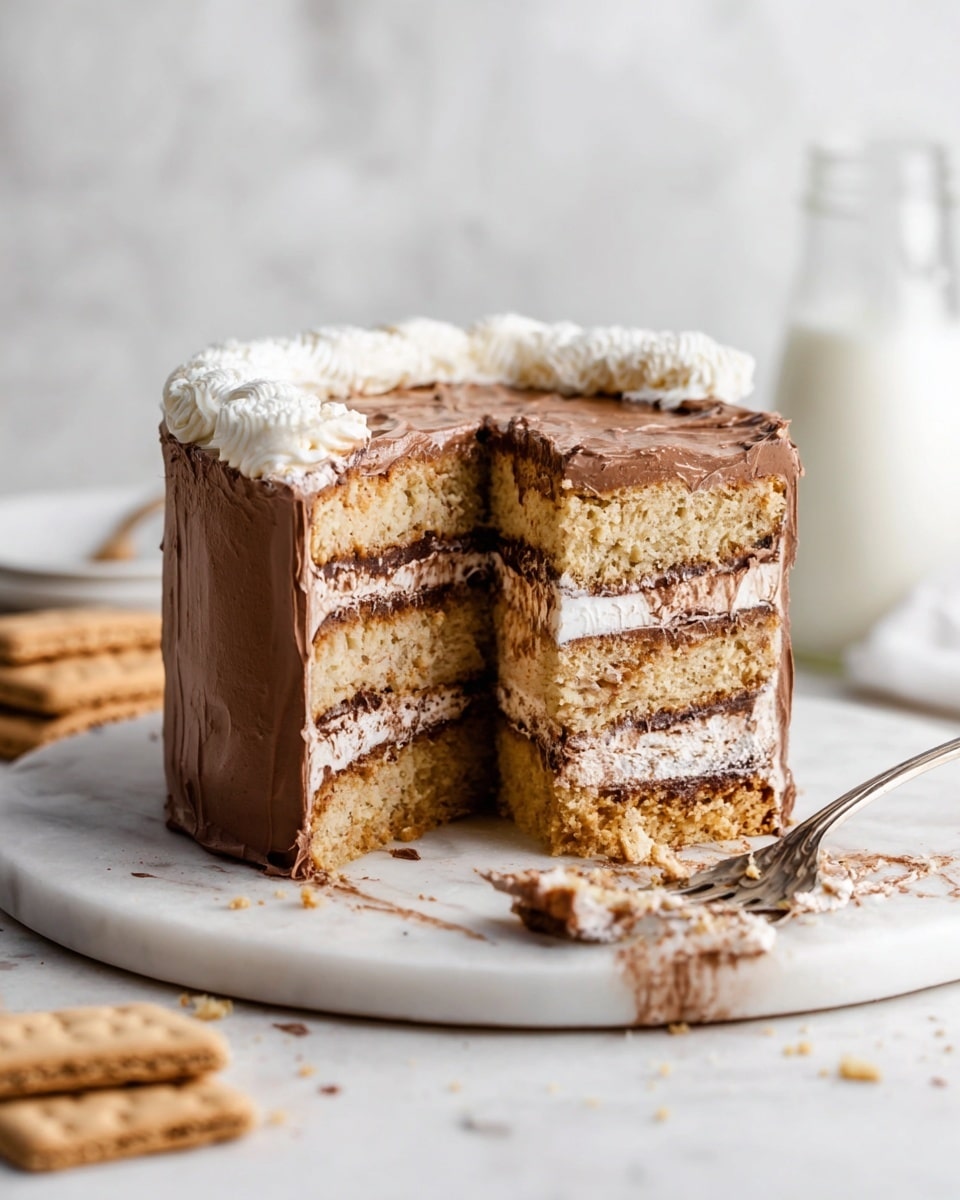 A tall, three-layer cake sits on a round white marble board, each layer showing light golden-brown sponge with soft white cream filling between them, and a thicker chocolate frosting coating the outside and top. The top layer is decorated with a swirl of white cream on the chocolate frosting. Crumbs and smears of chocolate frosting are visible on the marble board, with a silver fork lying in front, partly blurred. The background has a soft, out-of-focus white marbled texture with a glass and a bottle of milk placed behind the cake. photo taken with an iphone --ar 4:5 --v 7