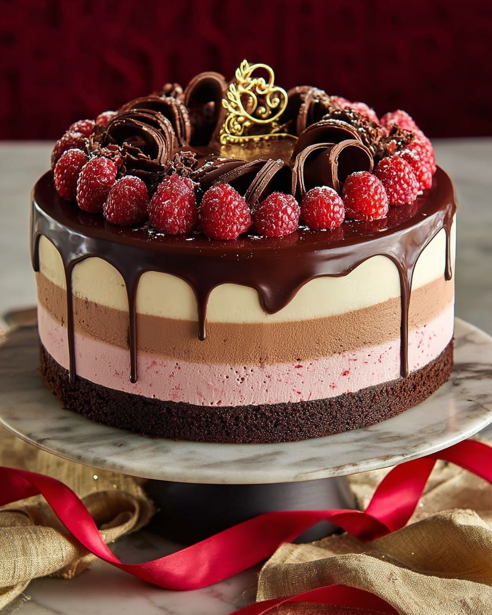 A four-layer round cake sits on a dark cake stand, placed on a white marbled surface with a brown cloth and red ribbon nearby. The bottom layer is a dark chocolate cake base, followed by a thick dark brown chocolate mousse layer, a lighter pink mousse layer, and a top cream layer in pale yellow. Rich dark chocolate ganache drips down the sides of the cake, covering the top surface. Fresh bright red raspberries ring the top edge, encircling a pile of dark brown chocolate shavings with a small gold swirl decoration in the center. Photo taken with an iphone --ar 4:5 --v 7