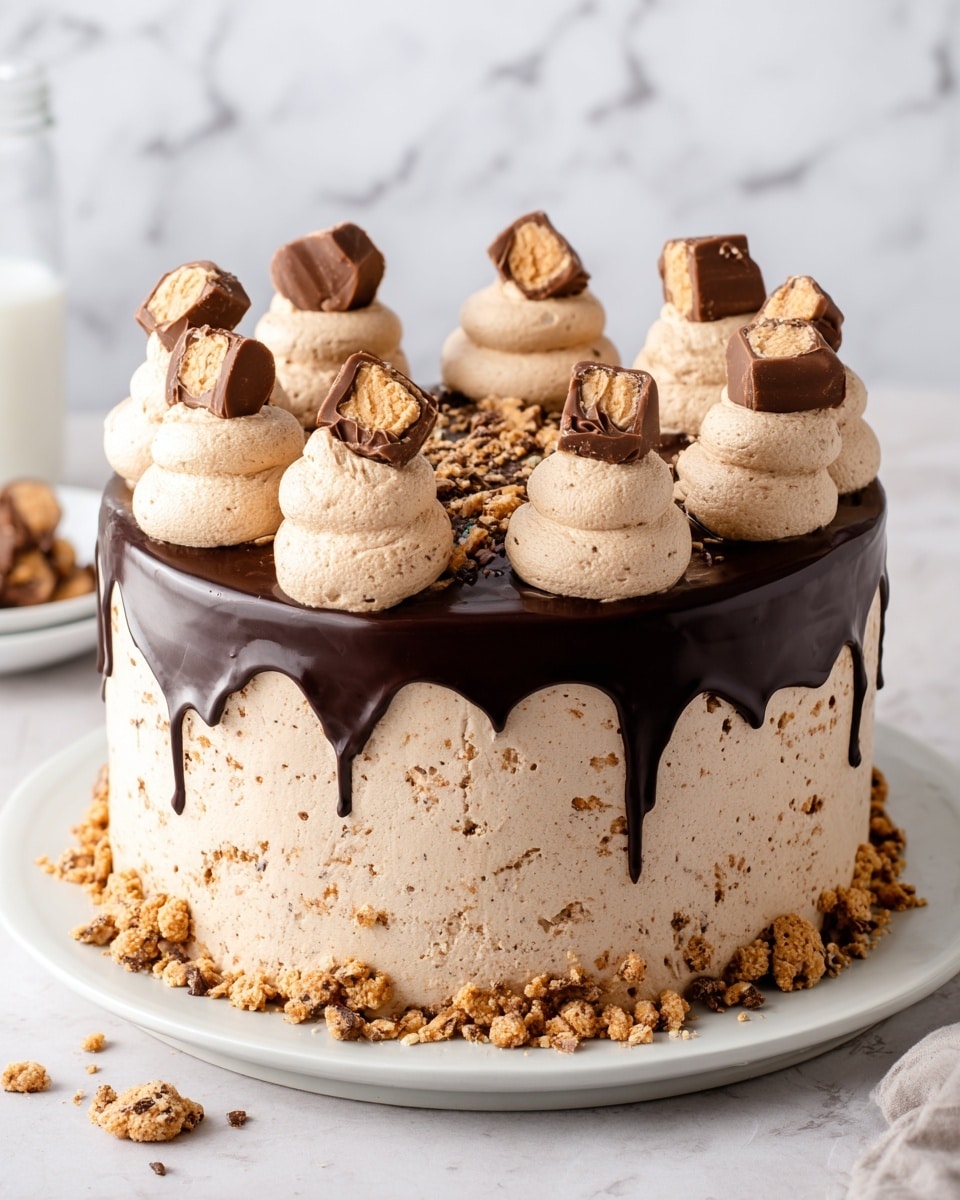 A round cake with two visible layers covered in smooth light brown frosting with tiny bits inside, sitting on a white plate on a white marbled surface. On top of the cake, there is a thick dark brown chocolate glaze dripping down the sides unevenly. Eight swirls of light brown frosting are evenly spaced around the top edge, each topped with a piece of chocolate candy bar. Crushed bits of chocolate and toffee are scattered over the glaze and around the base of the cake, with a few pieces of the chocolate candy bar placed next to the cake on the plate. In the blurred background, there are glasses of milk on the white marbled surface. photo taken with an iphone --ar 4:5 --v 7