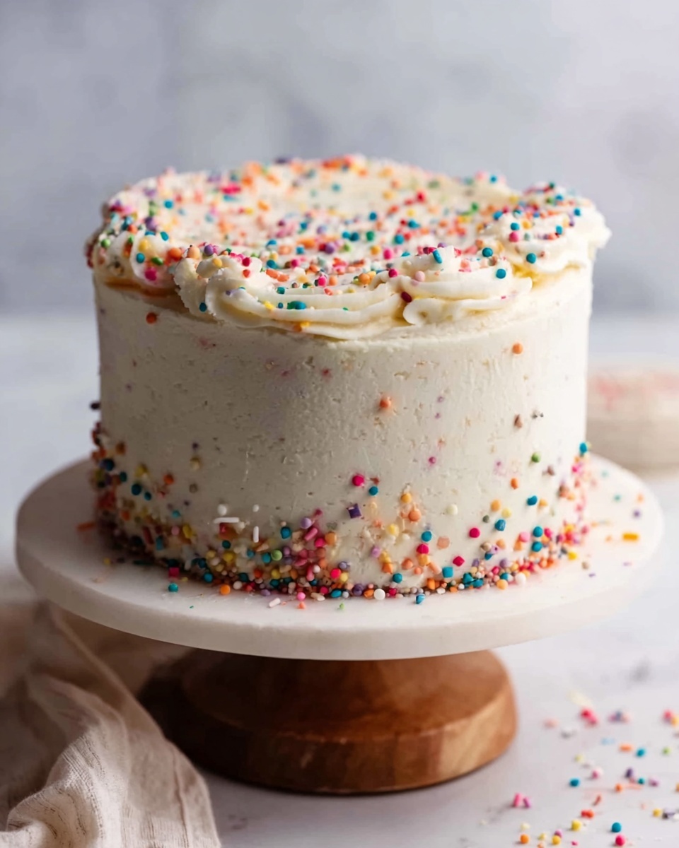 A small round cake with three layers covered in smooth white frosting. The cake is decorated all over with colorful round sprinkles that create a fun and bright look. On top, the frosting is swirled in a circular pattern with more sprinkles scattered on the surface. The cake sits on a white plate, which rests on a wooden stand. The background is a white marbled texture. Photo taken with an iphone --ar 4:5 --v 7