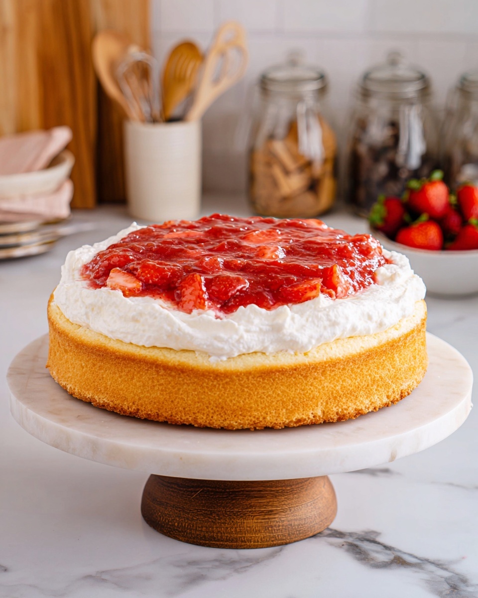 The image shows a single-layer round cake with a light golden brown color as the base. On top of this base is a thick white layer of whipped cream spread evenly with smooth texture. Above the cream is a thick layer of bright red strawberry jam with visible chunks of strawberries, covering the entire surface inside the cream border. The cake sits on a white marble cake stand with a wooden pedestal. The background has a soft white marbled texture with a few kitchen items slightly blurred in the distance. Photo taken with an iphone --ar 4:5 --v 7