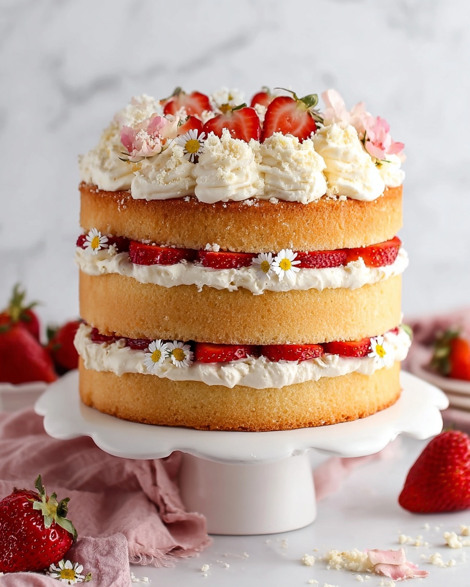 A three-layer cake stands on a white plate with a wavy edge, placed on a white marbled surface. Each sponge cake layer is golden and thick, separated by thick swirls of white cream and slices of bright red strawberries. The cream is piped in wavy patterns along the edges of each cake layer. The top layer is also covered with white cream swirls, topped with more strawberry slices and small white and yellow edible flowers. Some scattered white crumb pieces sit on the cream and around the cake on the plate. A few strawberries and a pink cloth lie near the base of the plate. Photo taken with an iphone --ar 4:5 --v 7