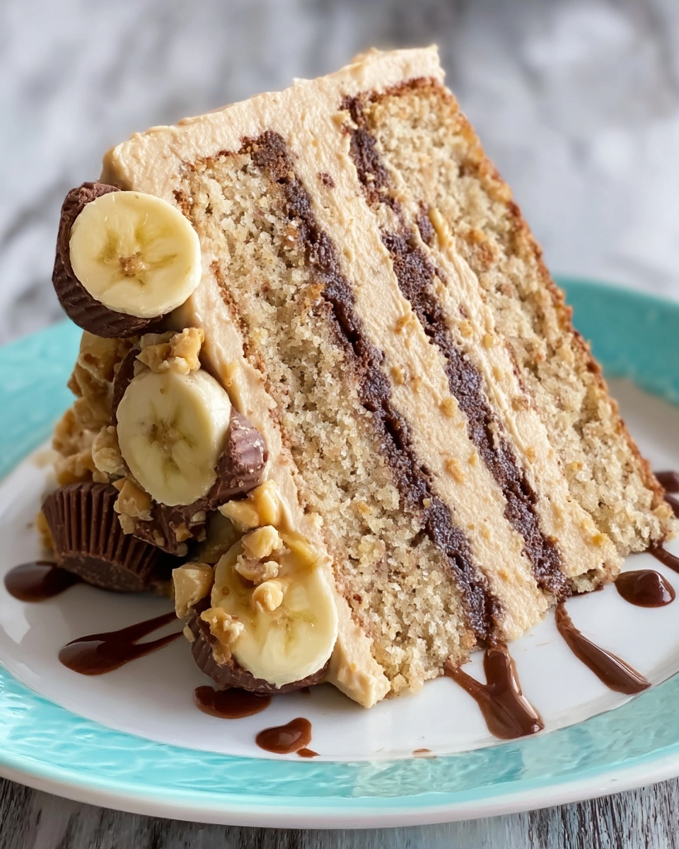 A slice of three-layer banana cake is placed on a white plate with decorative edges. Each cake layer is light beige with a crumbly texture, separated by smooth, creamy beige frosting and dark brown chocolate filling. The top and sides of the slice are coated in the same beige frosting, with a banana chip and a small peanut butter cup piece resting at the front. Another peanut butter cup with a drizzle of dark chocolate sauce decorates the back side of the slice. The plate sits on a white marbled texture. photo taken with an iphone --ar 4:5 --v 7