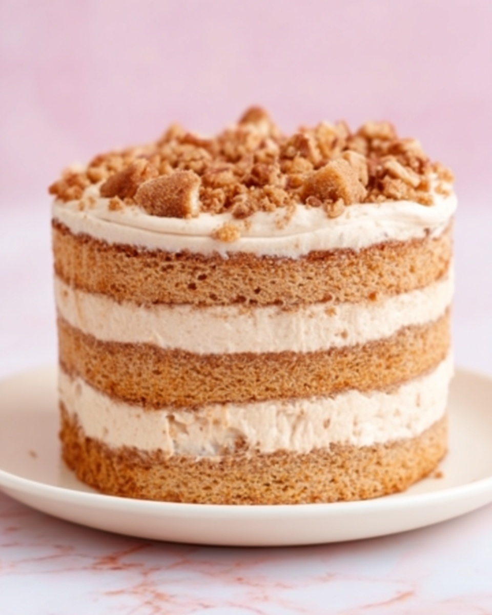 The image shows a small round layered cake on a white plate, set on a white marbled surface. The cake has four visible layers of light brown cake, each separated by creamy white frosting layers that look smooth and fluffy. The top layer is covered with the same light brown cake crumbs or small nut pieces, adding a rough texture on the smooth frosting. The background is a soft pink color, making the cake stand out clearly. photo taken with an iphone --ar 4:5 --v 7