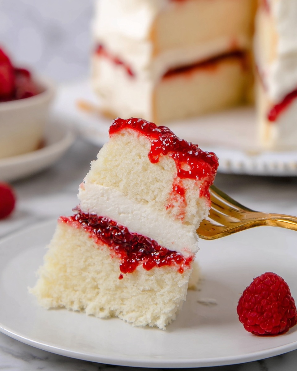 A tall, round cake with smooth light cream frosting, featuring three visible layers inside. The top edge is decorated with soft cream swirls in white, placed evenly around the cake. Fresh whole and sliced strawberries, bright red with green leaves, sit in the center on top. Scattered shiny red pomegranate seeds are on top and around the cream swirls. A pink glaze drips down the sides in uneven streams. The cake sits on a wooden board with small white and gold sprinkles scattered around. The background is a white marbled texture. photo taken with an iphone --ar 4:5 --v 7