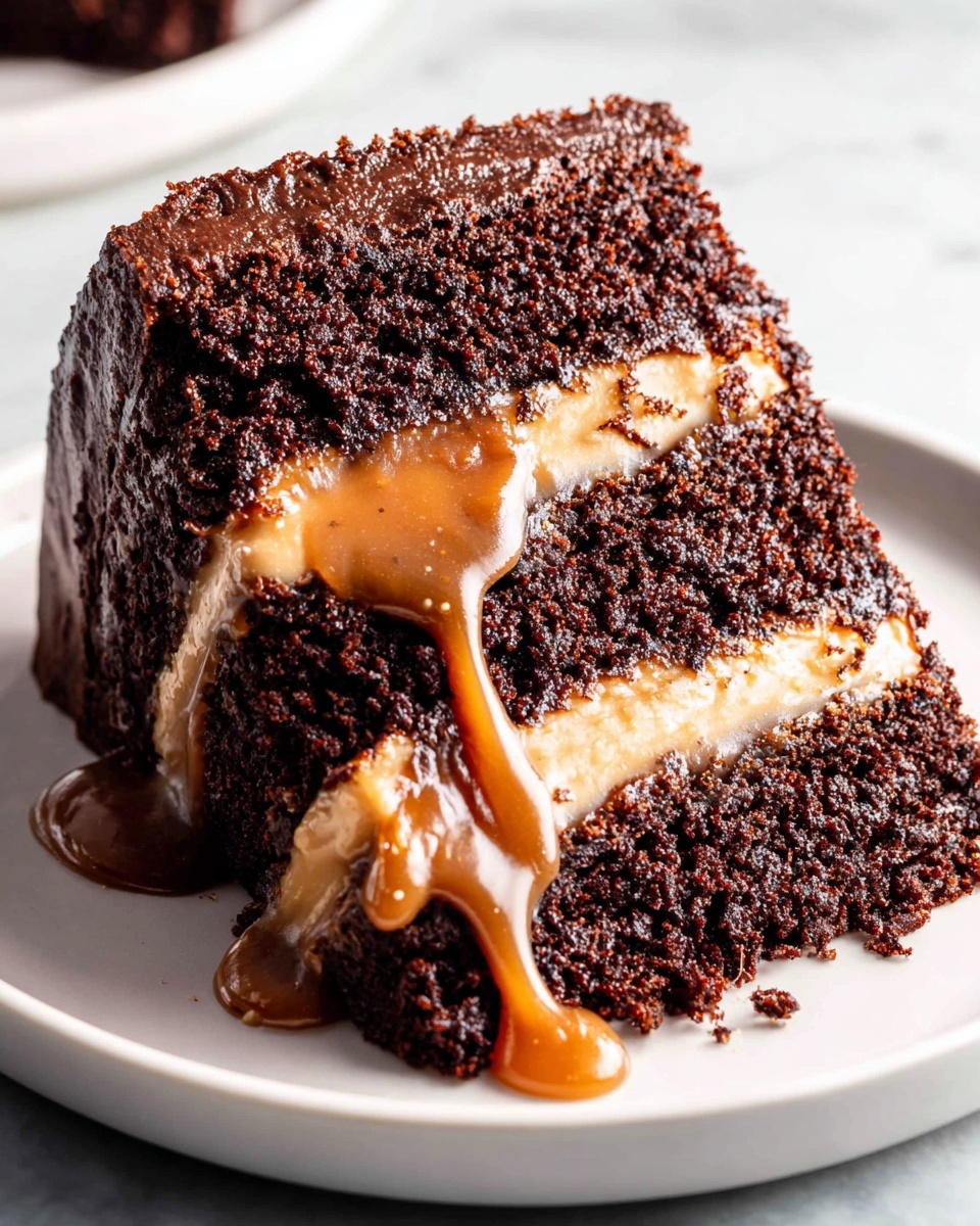 A thick slice of three-layer chocolate cake sits on a white plate, each layer a rich dark brown with a moist texture. Between the layers are creamy, light brown caramel filling and white frosting, oozing slightly and blending together. The caramel drips over the sides of the cake onto the plate, creating a glossy effect. The white plate contrasts with the dark colors of the cake, and the whole scene is set on a white marbled surface. photo taken with an iphone --ar 4:5 --v 7