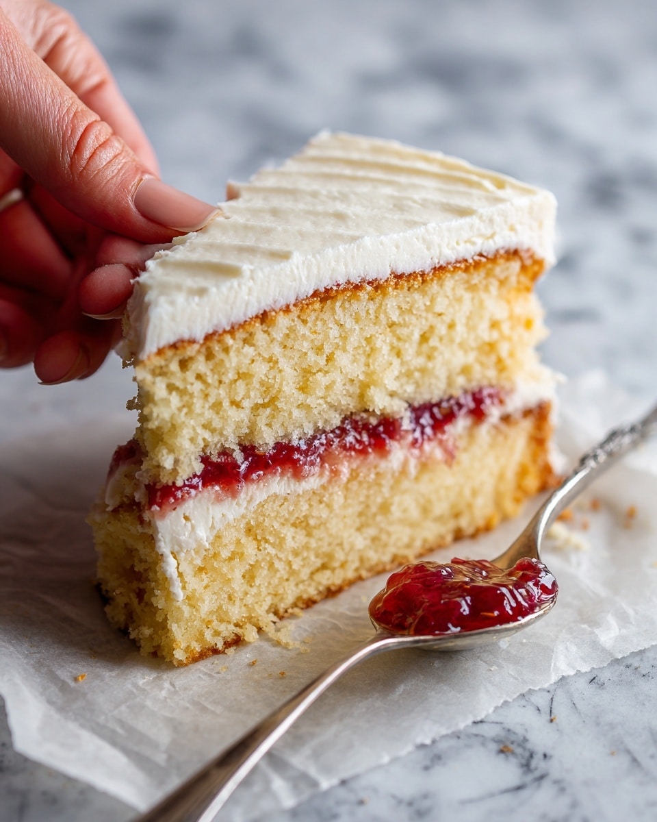 A close-up view of a slice of layered vanilla cake with white frosting all over and a visible middle layer of pink raspberry filling. The cake has two light yellow sponge layers separated by the pink filling, and there are bits of red raspberry inside the filling. The cake slice is placed on crumpled white parchment paper on a white marbled surface. A silver fork is inserted into the cake near the base on the right side. The texture of the frosting looks smooth and creamy, and the cake layers appear soft and moist. photo taken with an iphone --ar 4:5 --v 7