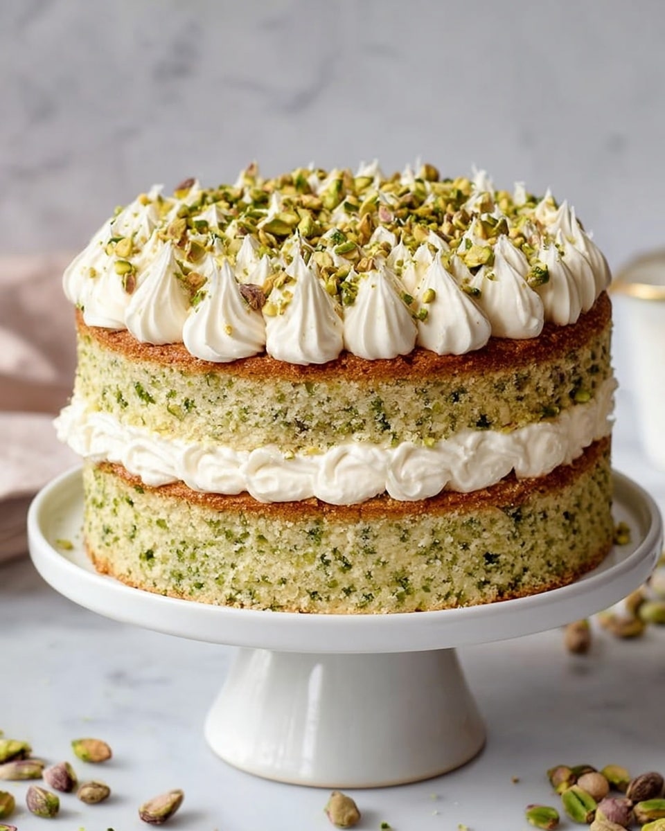 A two-layer cake with light green sponge visible in each layer, showing fine texture with small green bits mixed in. Between the layers, there is a thick, creamy white frosting spread evenly with dollops of cream piped all around the edge. The top layer is also decorated with large, round cream dollops arranged in a circle along the edge, topped with a generous amount of roughly chopped green pistachios scattered all over the cream. The cake sits on a white pedestal cake stand against a white marbled background with some pistachios and crumbs scattered around. Photo taken with an iphone --ar 4:5 --v 7