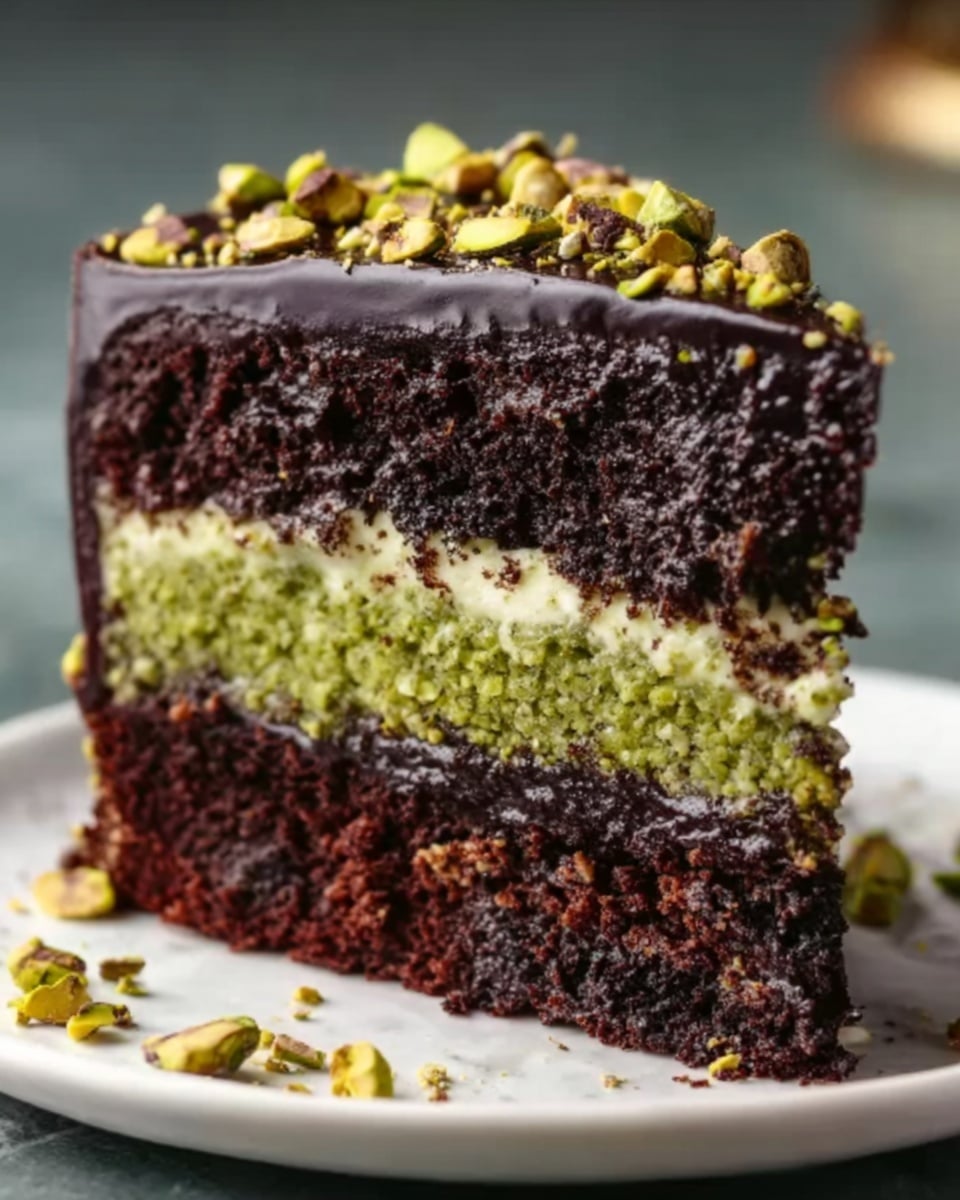 A slice of cake with three layers sits on a white plate on a white marbled surface. The bottom and top layers are rich, dark chocolate with a soft, moist texture. The middle layer is a green pistachio cream with a slightly grainy texture from chopped pistachios mixed inside. The top of the cake is covered with smooth, glossy dark chocolate ganache, sprinkled with whole and chopped pistachios. Some crushed pistachios are scattered on the plate around the cake. Photo taken with an iphone --ar 4:5 --v 7