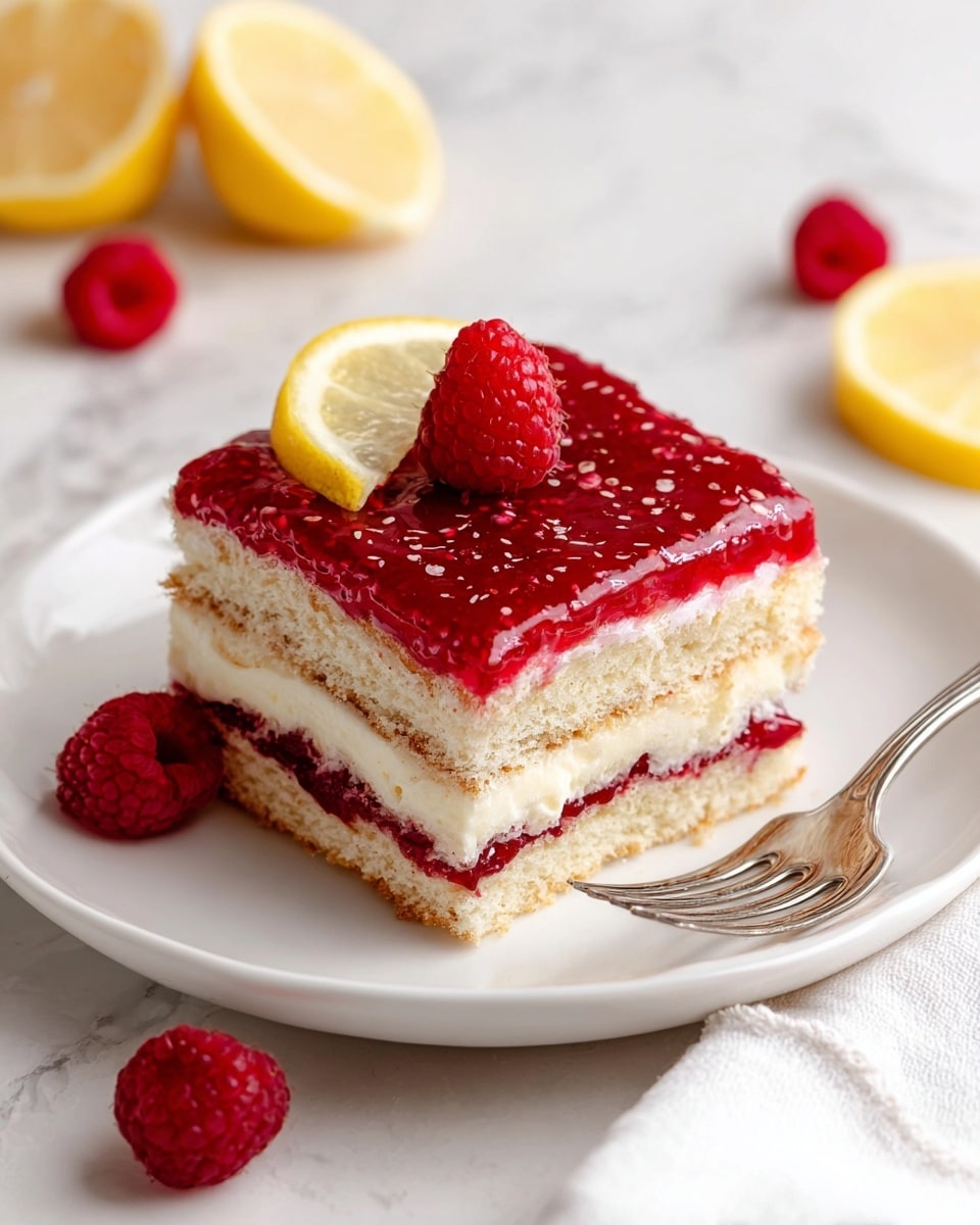 A square slice of layered cake sitting on a white plate, showing five distinct layers: a bottom thin light brown crust, followed by a thick creamy white layer, then a bright red raspberry filling, another light beige cake layer, and topped with a thick glossy raspberry sauce layer. On top, there is a thin pale yellow lemon slice and a fresh red raspberry for decoration. The cake texture looks soft and moist with a shiny surface on the top layer. Around the plate, there are whole raspberries and lemon slices placed on a white marbled surface, with a silver fork nearby. photo taken with an iphone --ar 4:5 --v 7