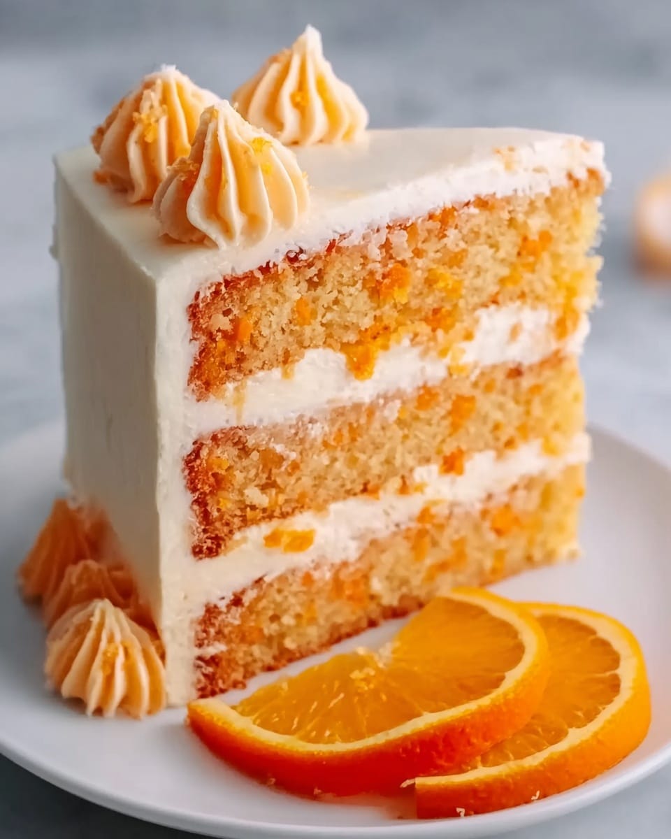 A slice of three-layer orange cake with light orange sponge layers and thick white frosting between each layer. The outside is coated smoothly with white frosting, decorated at the base and top edges with swirls of pale orange cream. Two dollops of the same orange cream are placed on top, near the back of the slice. A segment of orange fruit sits on the white plate beside the cake slice. The scene is set on a white marbled surface. Photo taken with an iphone --ar 4:5 --v 7