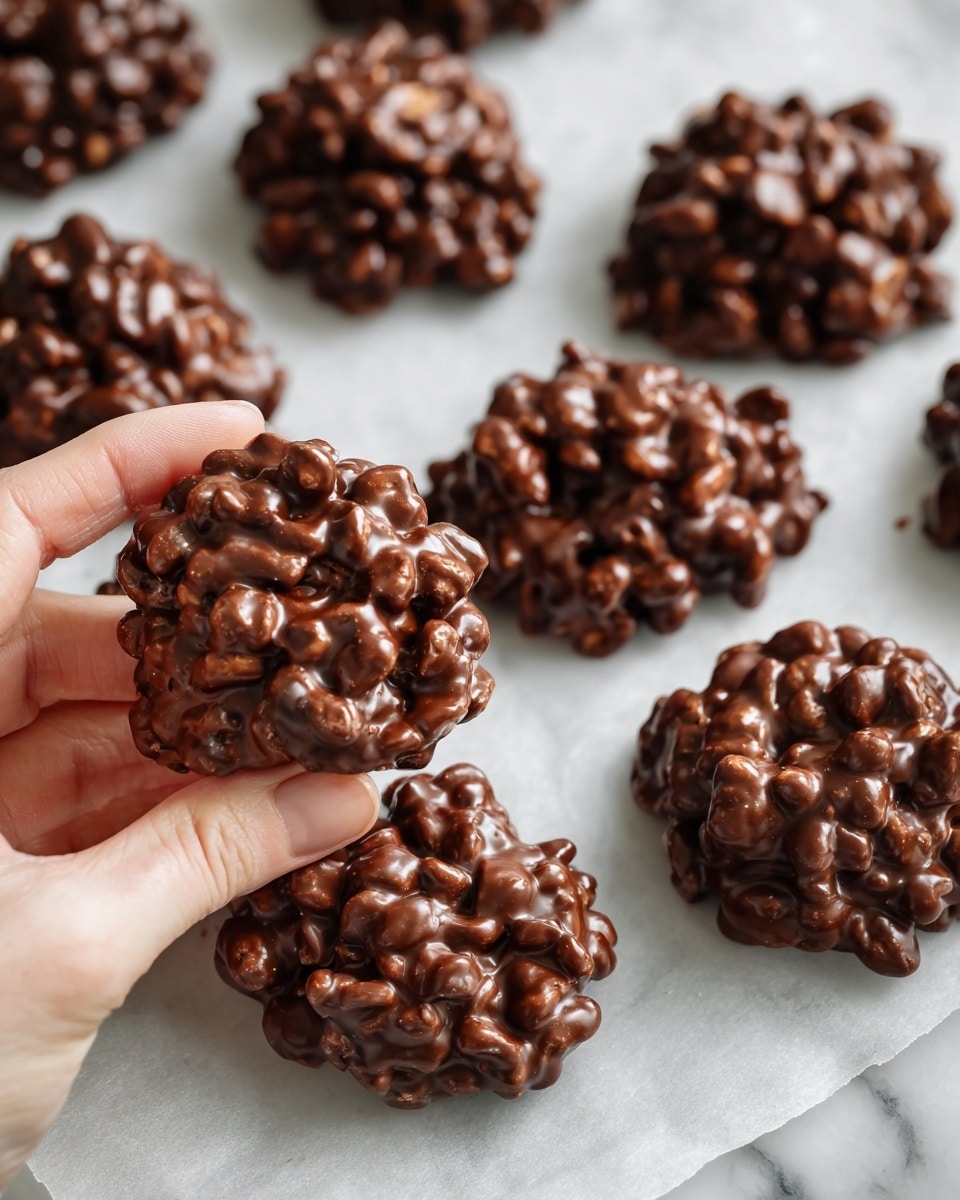 The image shows several small chocolate clusters arranged on a white marbled surface. Each cluster is lumpy and uneven, made of dark brown chocolate mixed with small, round, puffed rice or similar cereal grains that create a bumpy texture. One cluster is held between a woman's thumb and forefinger, showing a closer look at its glossy and slightly irregular surface. The clusters are roughly shaped like small mounds, all sitting on a piece of white parchment paper. photo taken with an iphone --ar 4:5 --v 7