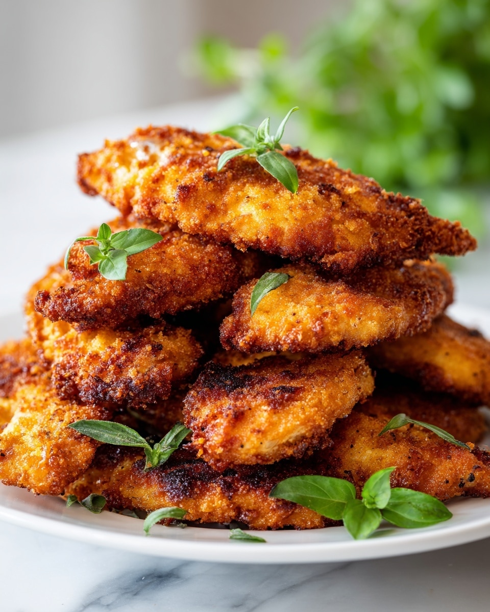 A white plate filled with multiple golden-brown crispy breaded chicken tenders stacked on top of each other, showing a crunchy texture with some darker fried spots; small green herb leaves are scattered on the chicken and plate, adding color contrast, all placed on a white marbled surface with blurred green herbs in the background, creating a fresh and appetizing look photo taken with an iphone --ar 4:5 --v 7