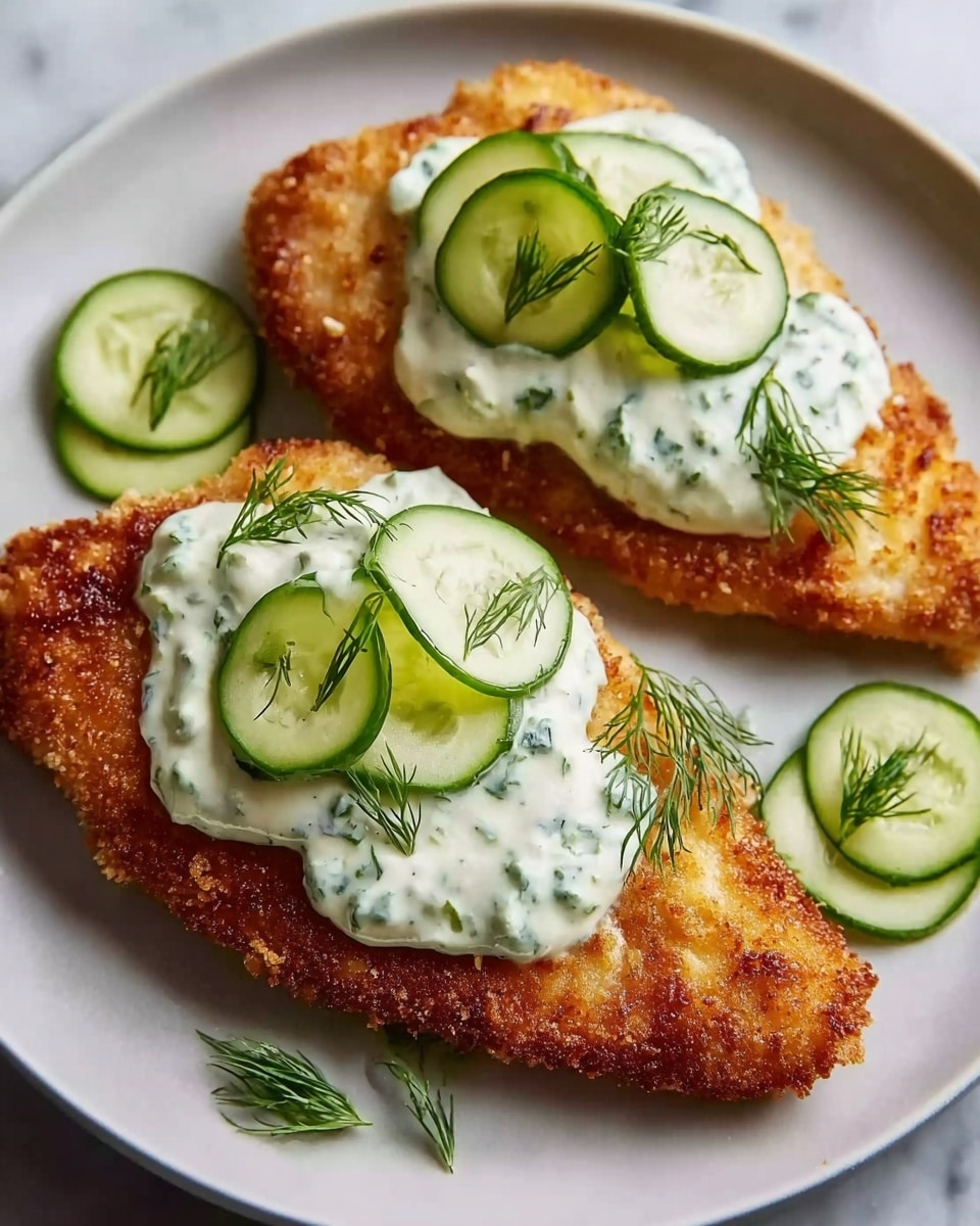 Two pieces of golden brown breaded chicken sit on a white plate, each topped with a creamy white sauce mixed with green herbs. On the sauce, there are three thin, light green cucumber slices arranged with sprigs of fresh dill. Additional cucumber slices are scattered on the white marbled surface around the plate, adding fresh green color. The chicken is crispy with an uneven texture, and the creamy herb sauce looks smooth and thick. photo taken with an iphone --ar 4:5 --v 7