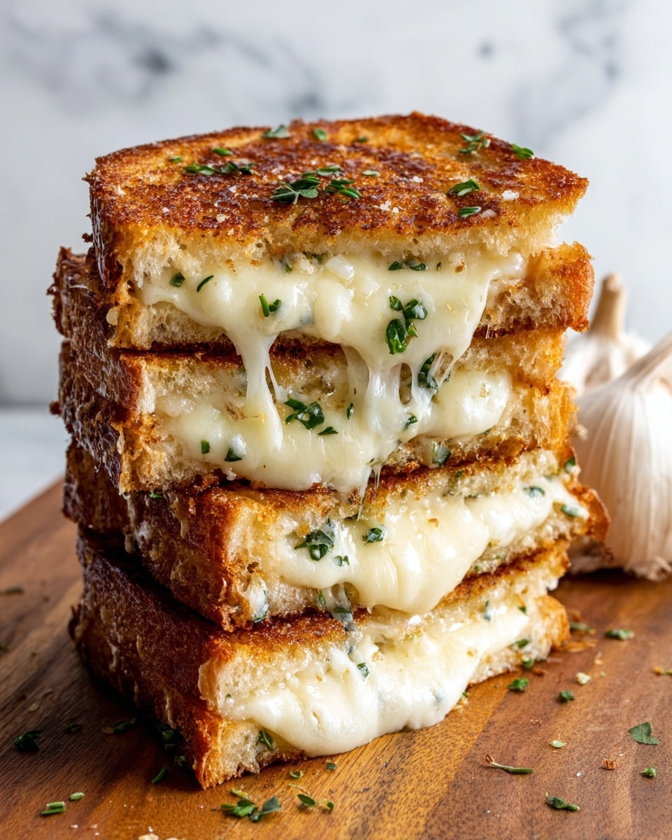 The image shows a stack of three grilled cheese sandwich halves on a wooden board, each sandwich cut diagonally to reveal melted, stretchy white cheese inside. The golden brown toasted bread is crispy with a slightly crunchy texture, sprinkled with green herbs on top. The cheese layer inside looks gooey and soft, oozing slightly between the warm, toasted bread layers. The background has a white marbled texture, complementing the warm colors of the sandwich. Photo taken with an iphone --ar 4:5 --v 7