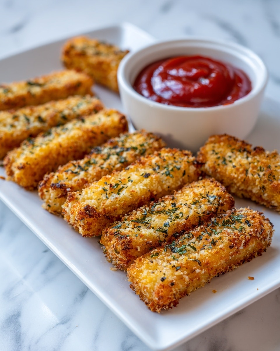 The image shows a rectangular white plate filled with eight golden brown pieces of crispy breaded food, likely fried. Each piece is thick and has a crunchy texture with visible small green herbs sprinkled on top for garnish. Next to the plate, there is a small white dish filled with rich red sauce. A woman's hand is holding the edge of the plate, which is set on a white marbled surface. The presentation looks clean and appetizing, with the food neatly arranged in two rows. Photo taken with an iphone --ar 4:5 --v 7