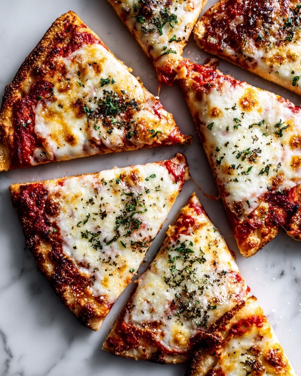 The image shows multiple small triangular pizza slices arranged closely on a sheet of parchment paper over a white marbled surface. Each slice has a thin, crispy-looking crust with a bright red tomato sauce layer spread thinly on the base. Above the sauce is a golden melted cheese layer with uneven bubbles and spots of light browning, sprinkled lightly with greenish dried herbs. The arrangement is casual, with some slices slightly overlapping. Photo taken with an iphone --ar 4:5 --v 7