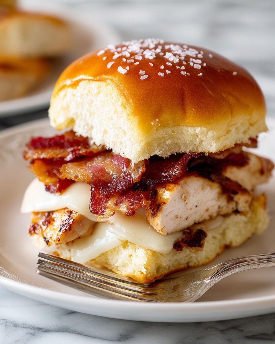 The image shows a close-up of a small sandwich with a shiny, golden-brown top bun sprinkled with coarse salt. Inside, there are two main layers: thick slices of grilled white chicken breast at the bottom, topped with melted white cheese that drapes over the edges, and crispy, dark brown bacon strips layered just under the top bun. The sandwich sits on a white plate, placed on a white marbled surface, with more sandwiches blurred in the background and a fork partially visible on the plate's edge. Photo taken with an iphone --ar 4:5 --v 7