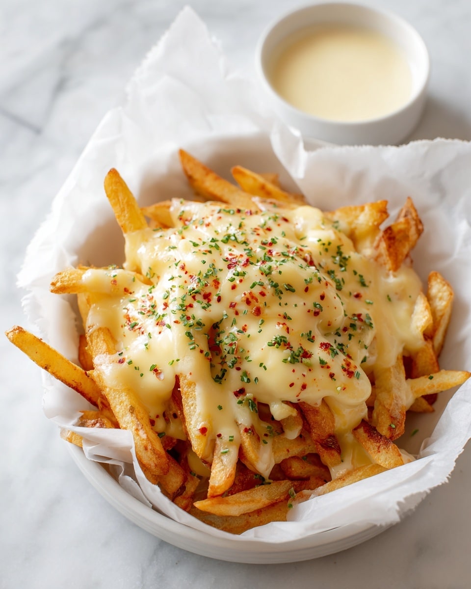 A white paper-lined bowl filled with golden brown French fries covered in a layer of melted light yellow cheese with some red seasoning sprinkled on top and small green herbs scattered evenly. Next to the bowl, there is a small white cup of light brown sauce. The background is a white marbled texture. Photo taken with an iphone --ar 4:5 --v 7