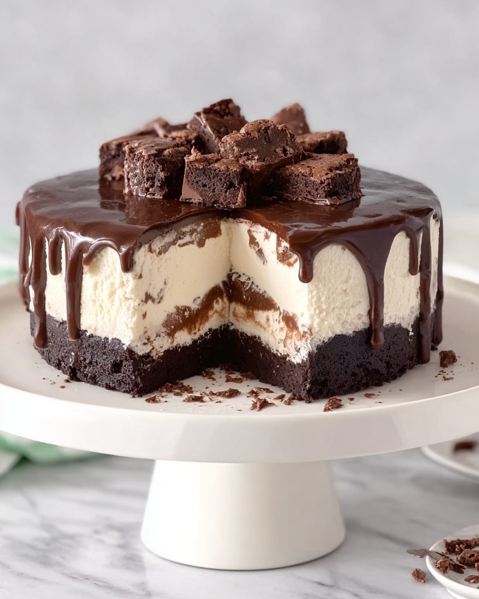 A round three-layer cake is shown on a white cake stand with a white marbled surface underneath. The bottom layer is a thick, dark brown chocolate cake. The middle layer is a creamy, off-white ice cream layer with slight melting near the edges mixing with the chocolate cake. On top of the ice cream layer, a thick and glossy dark chocolate sauce is poured, dripping slightly down the sides of the cake. The cake is topped with uneven chunks of rich, dark chocolate brownies, creating a rough texture contrast with the smooth chocolate dripping below. A large slice is removed, revealing the three distinct layers clearly. Photo taken with an iphone --ar 4:5 --v 7
